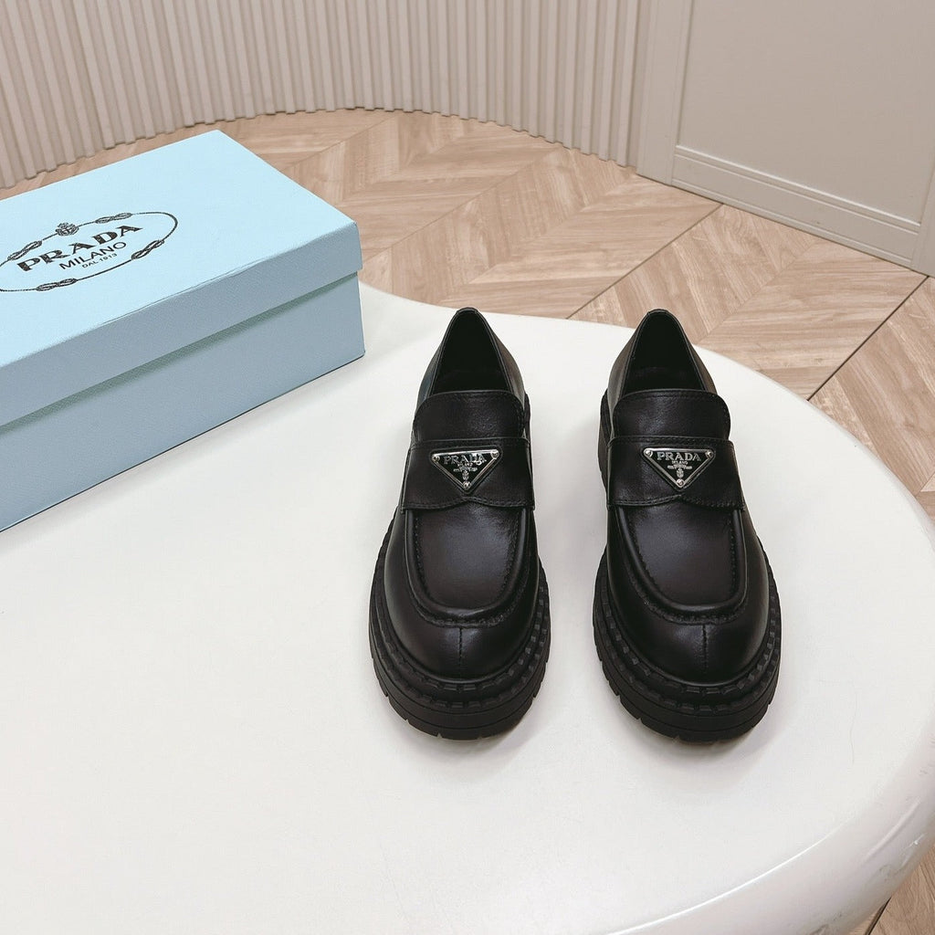 PRADA BRUSHED MONOLITH LOAFERS BLACK CALFSKIN