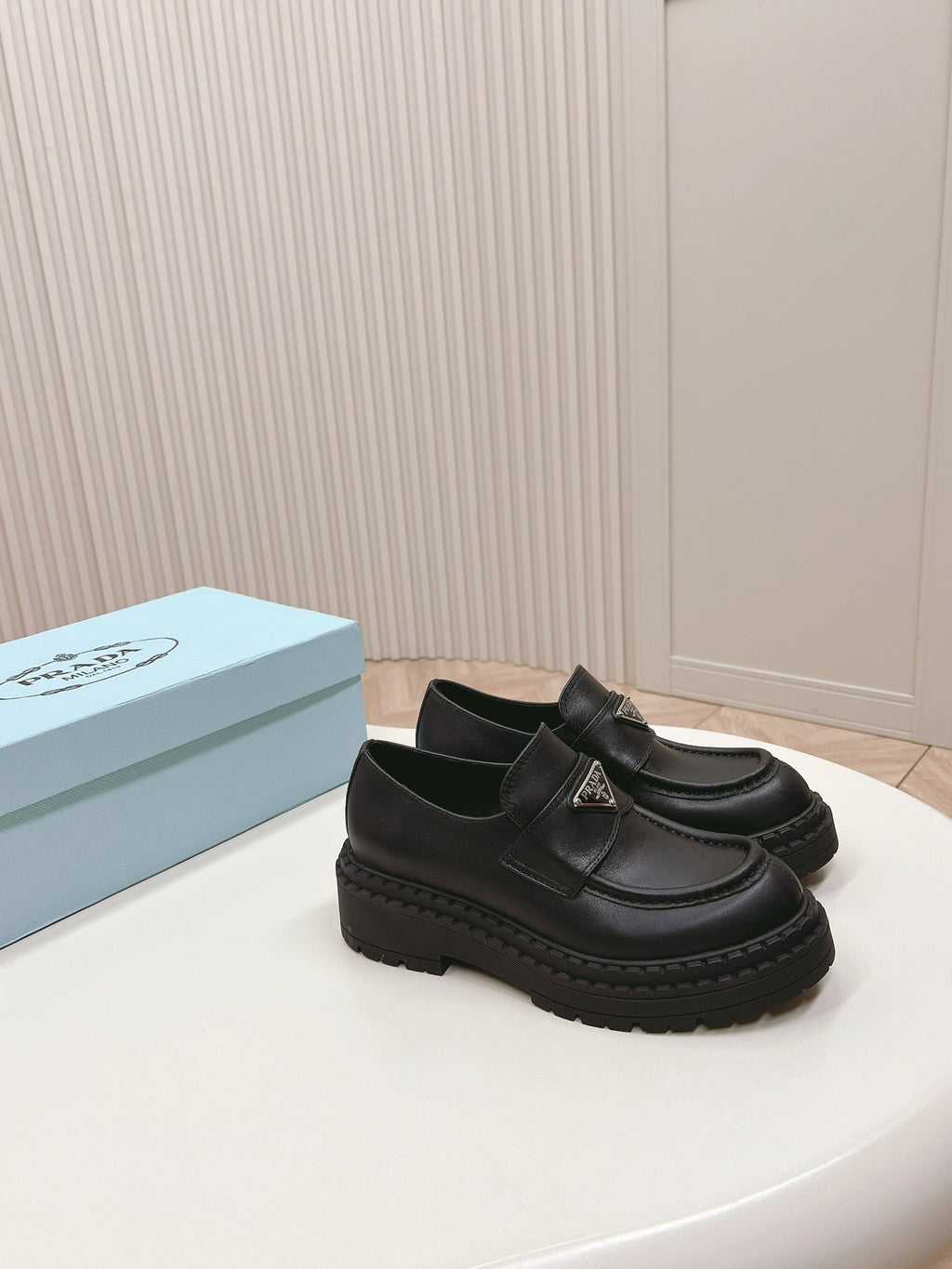 PRADA BRUSHED MONOLITH LOAFERS BLACK CALFSKIN