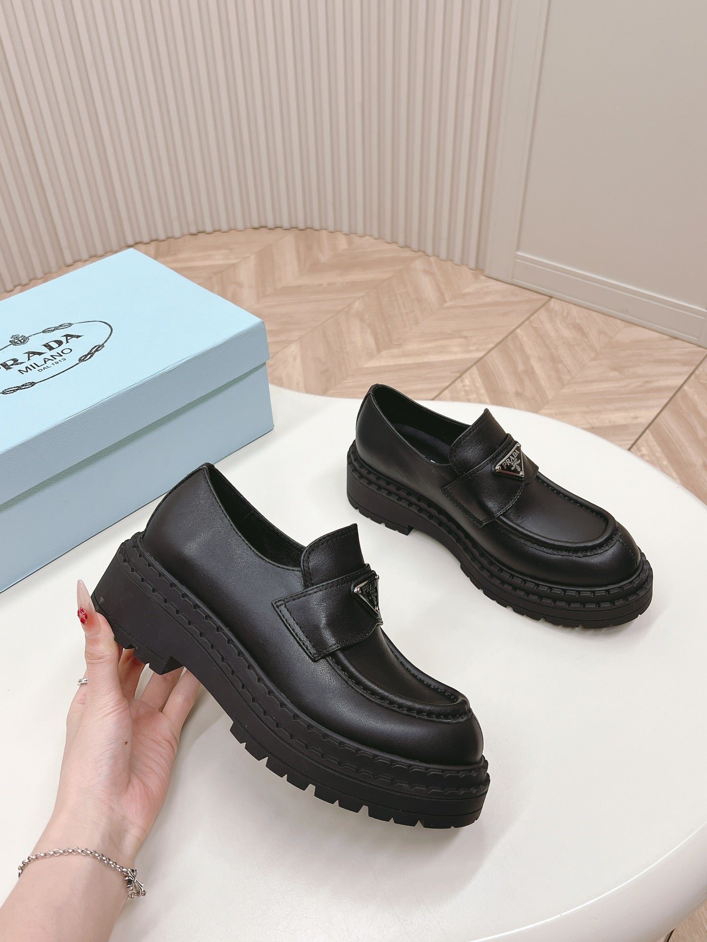 PRADA BRUSHED MONOLITH LOAFERS BLACK CALFSKIN