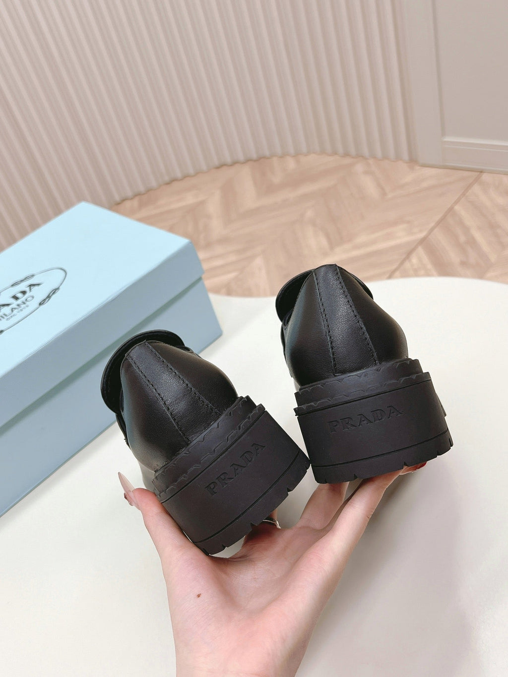 PRADA BRUSHED MONOLITH LOAFERS BLACK CALFSKIN