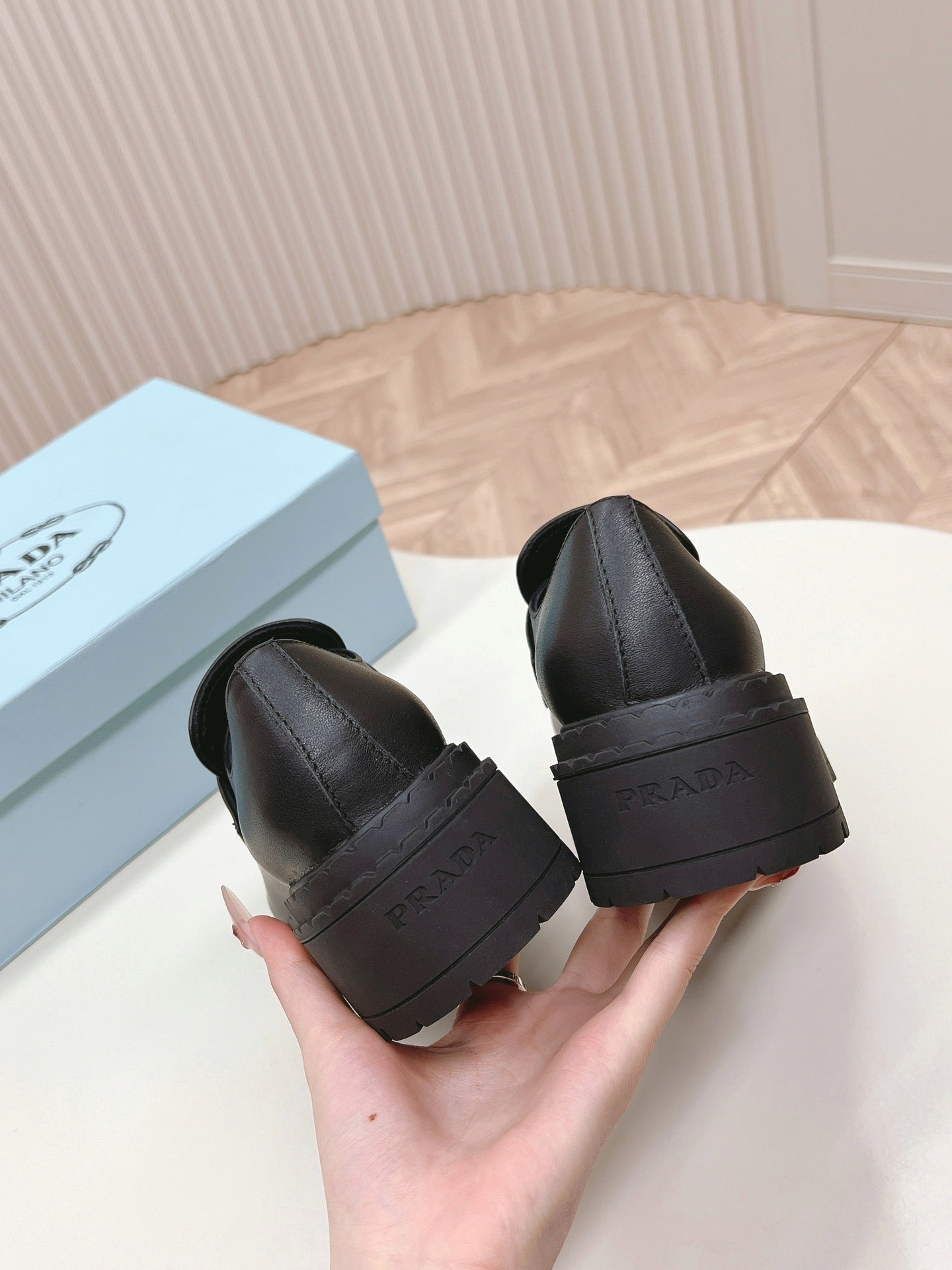 PRADA BRUSHED MONOLITH LOAFERS BLACK CALFSKIN