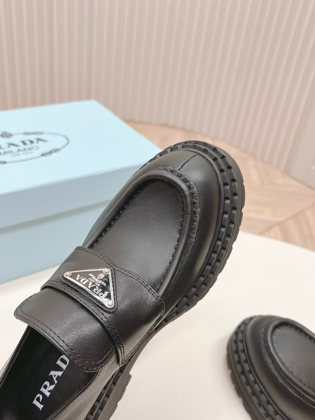PRADA BRUSHED MONOLITH LOAFERS BLACK CALFSKIN