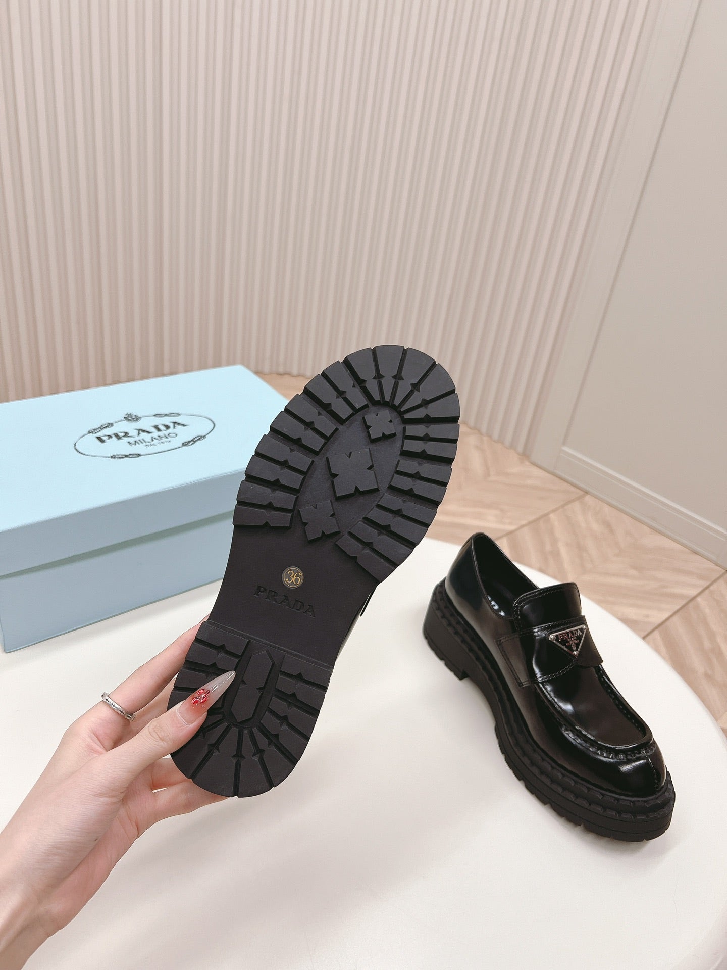 PRADA BRUSHED MONOLITH LOAFERS GLOSSY BLACK CALFSKIN