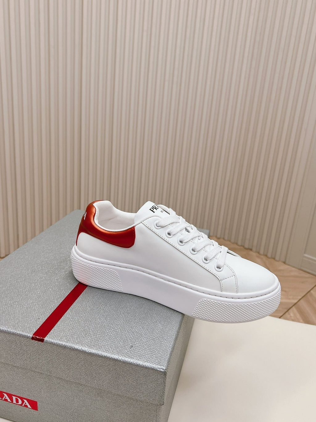 PRADA RETRO SNEAKERS WHITE AND CRIMSON CALFSKIN