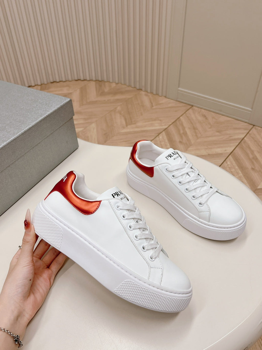 PRADA RETRO SNEAKERS WHITE AND CRIMSON CALFSKIN