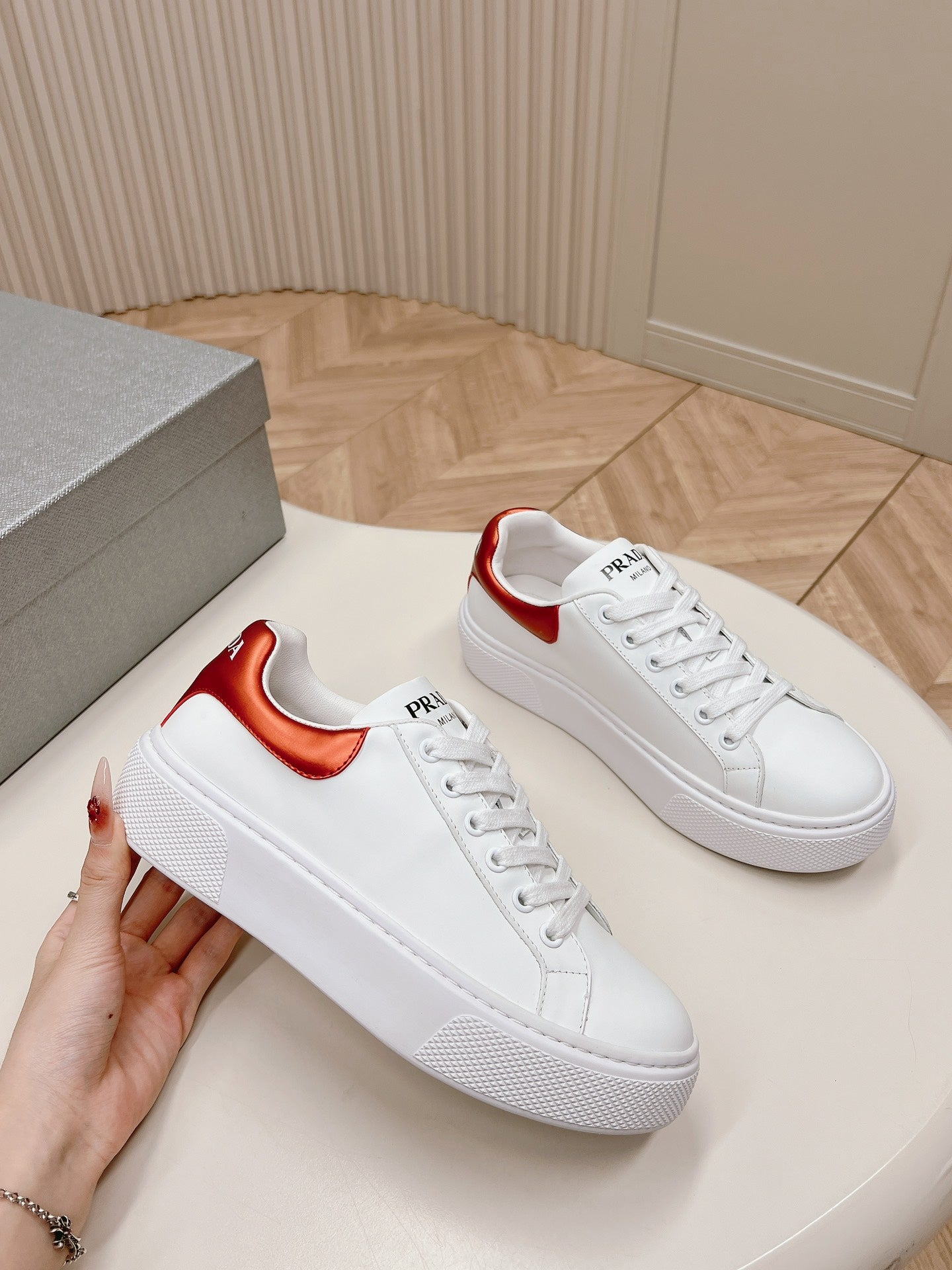 PRADA RETRO SNEAKERS WHITE AND CRIMSON CALFSKIN
