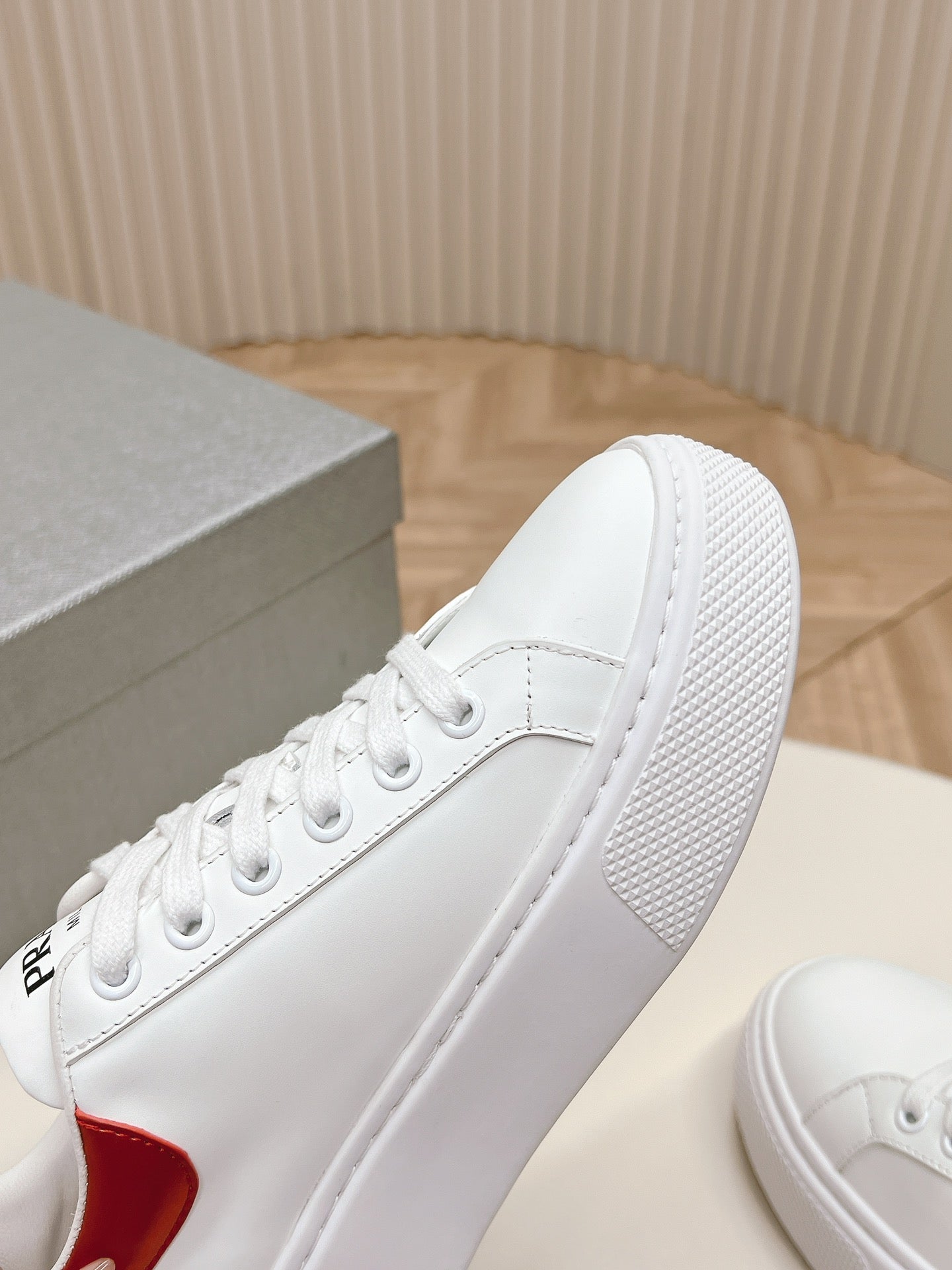 PRADA RETRO SNEAKERS WHITE AND CRIMSON CALFSKIN