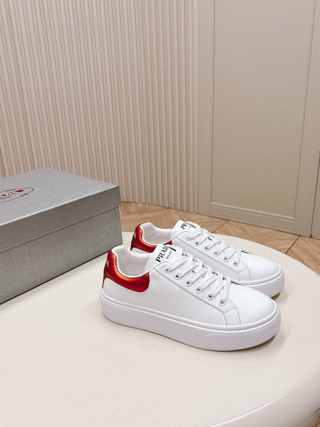 PRADA RETRO SNEAKERS WHITE AND CRIMSON CALFSKIN