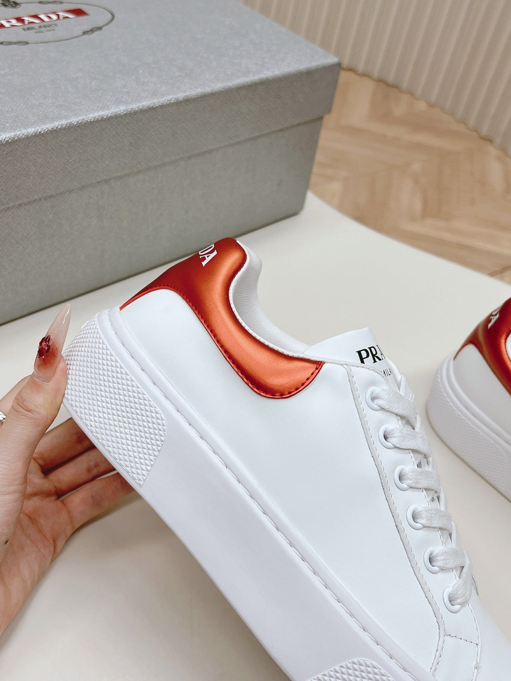 PRADA RETRO SNEAKERS WHITE AND CRIMSON CALFSKIN