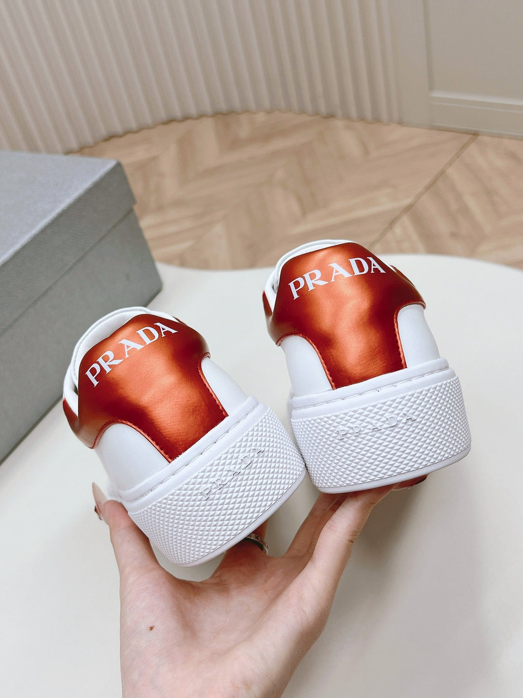 PRADA RETRO SNEAKERS WHITE AND CRIMSON CALFSKIN