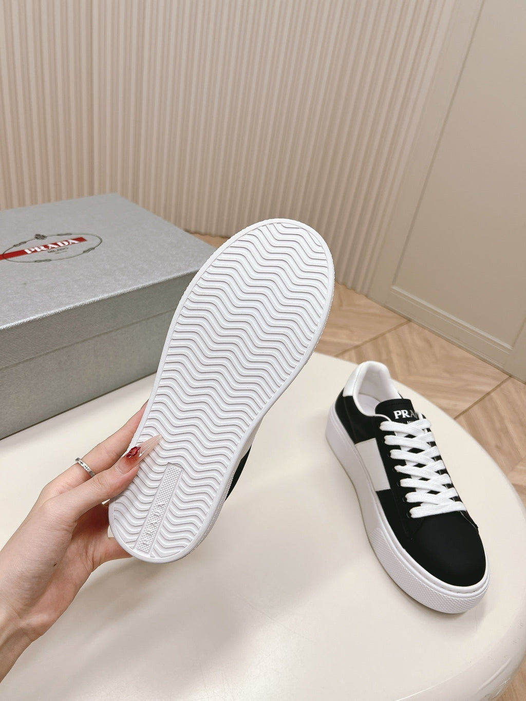 PRADA LEATHER LOGO OUTLET SNEAKERS BLACK CALFSKIN