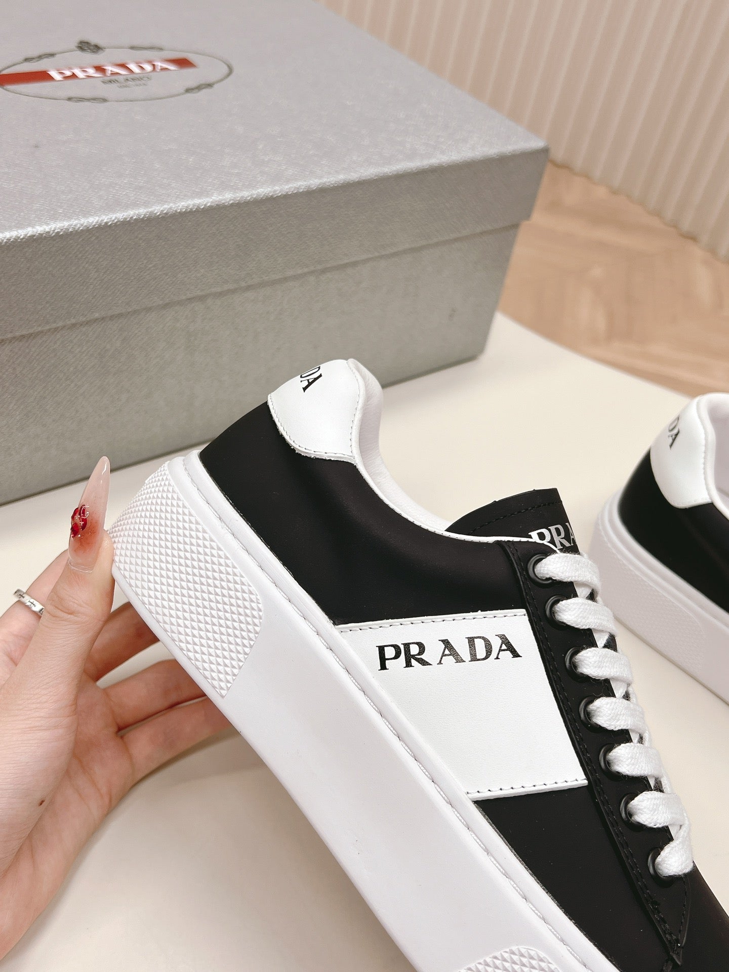 PRADA LEATHER LOGO OUTLET SNEAKERS BLACK CALFSKIN