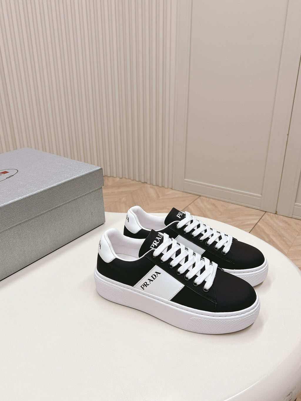 PRADA LEATHER LOGO OUTLET SNEAKERS BLACK CALFSKIN