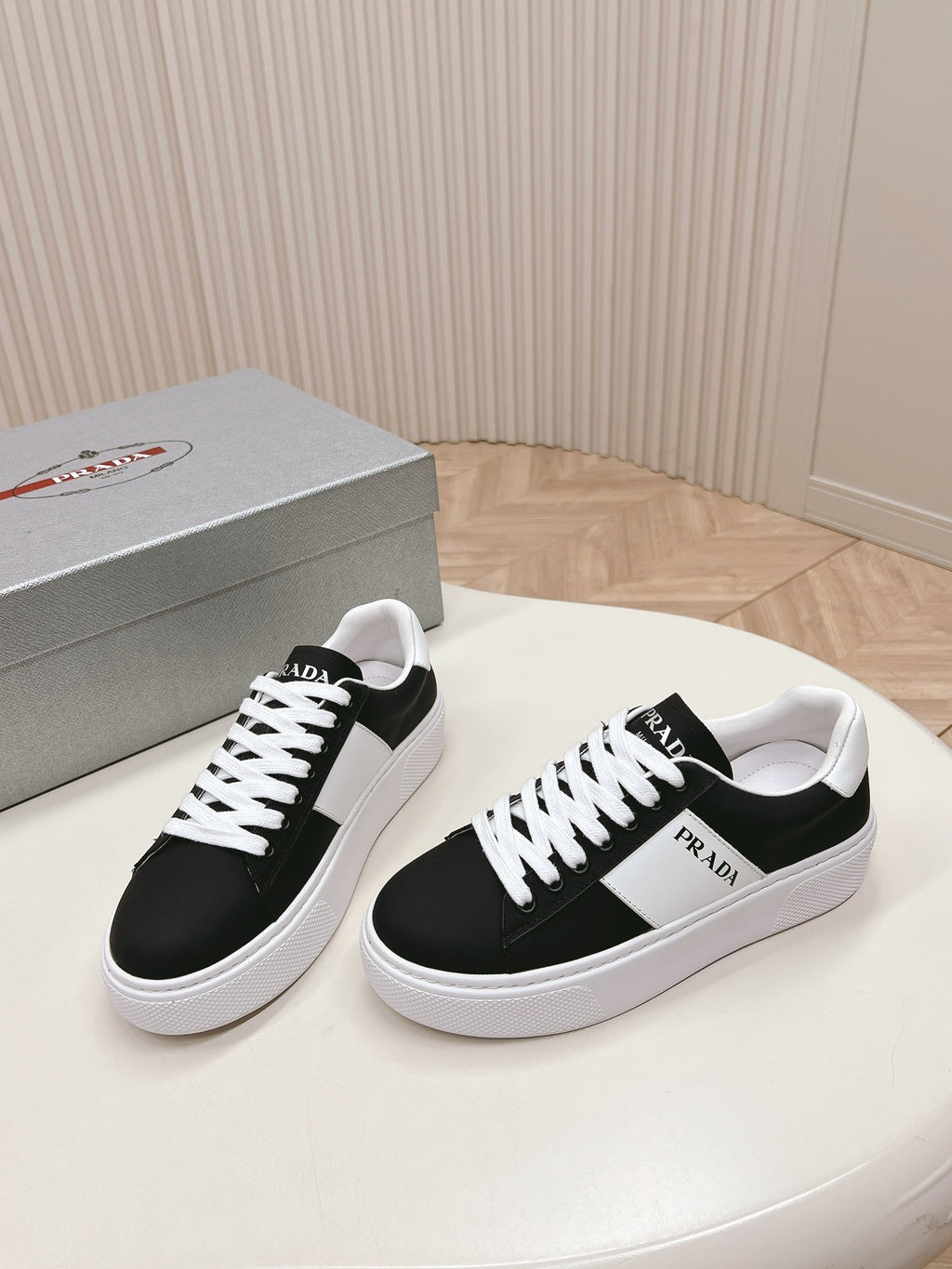 PRADA LEATHER LOGO OUTLET SNEAKERS BLACK CALFSKIN