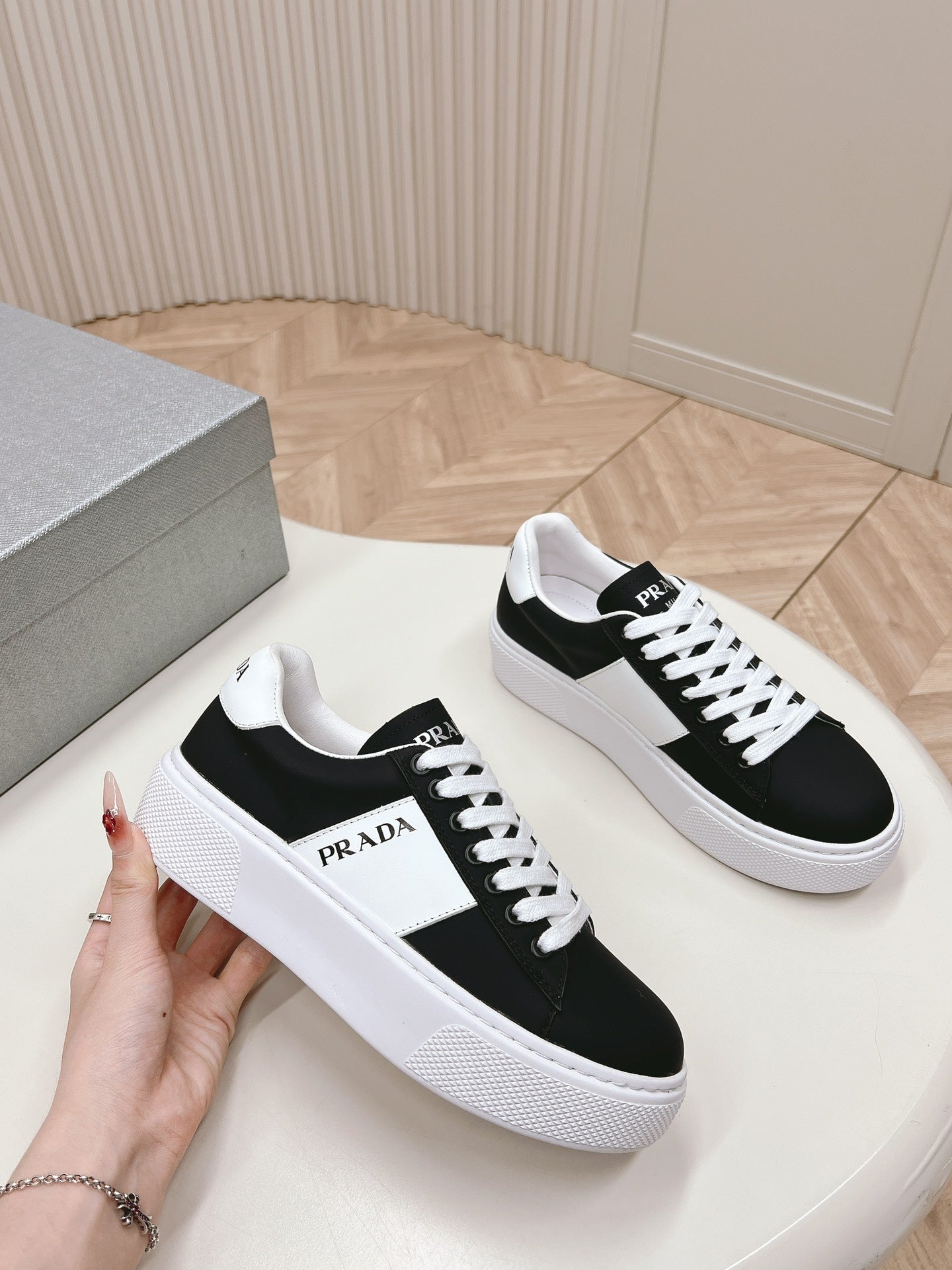 PRADA LEATHER LOGO OUTLET SNEAKERS BLACK CALFSKIN