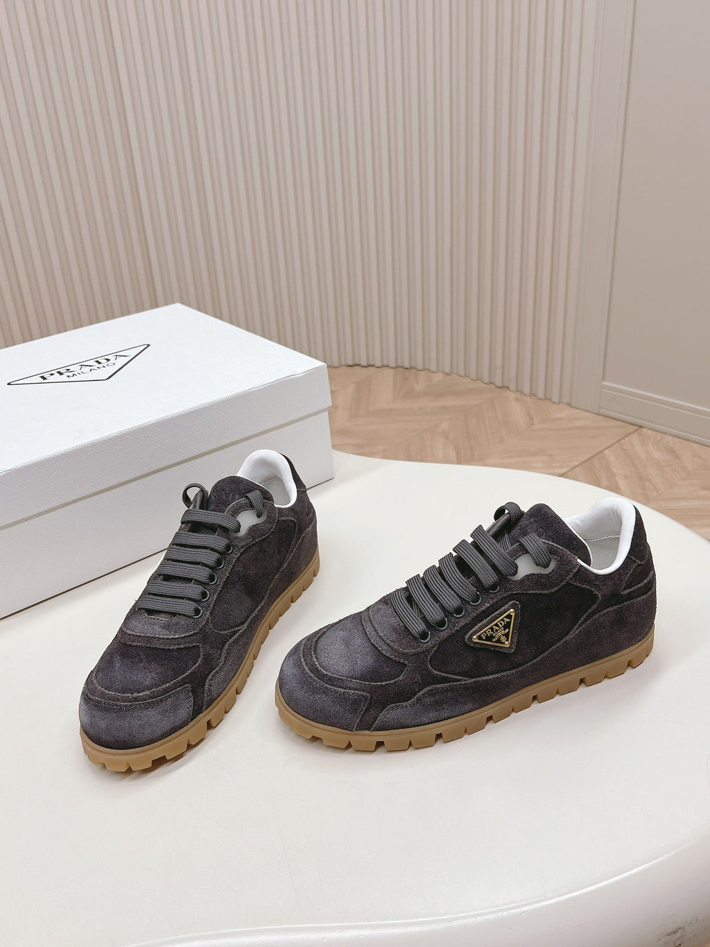 PRADA FADED SUEDE SNEAKERS CHARCOAL