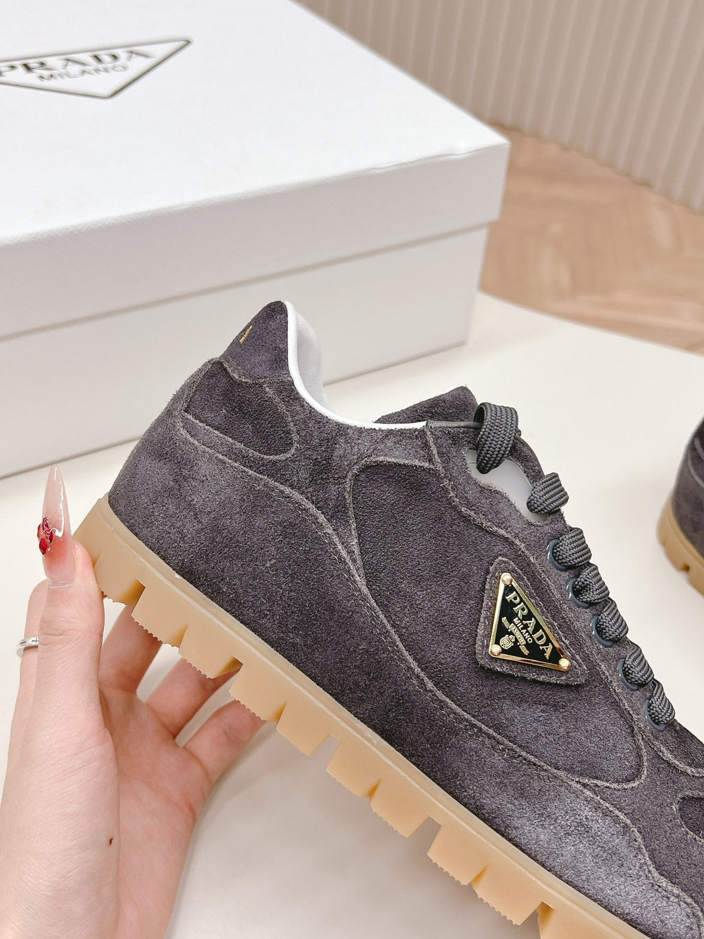 PRADA FADED SUEDE SNEAKERS CHARCOAL
