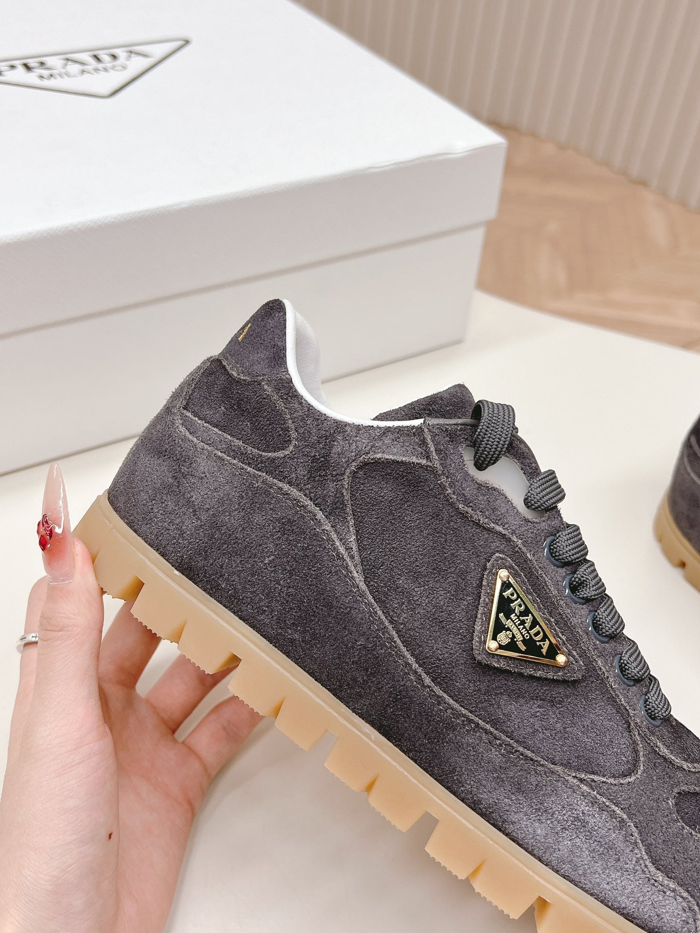 PRADA FADED SUEDE SNEAKERS CHARCOAL