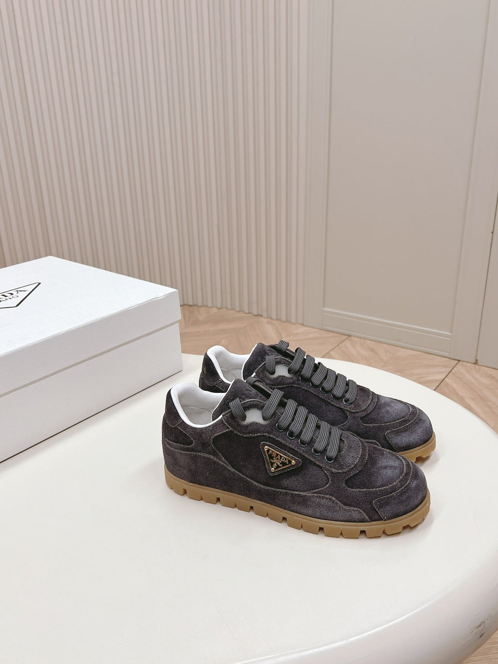 PRADA FADED SUEDE SNEAKERS CHARCOAL