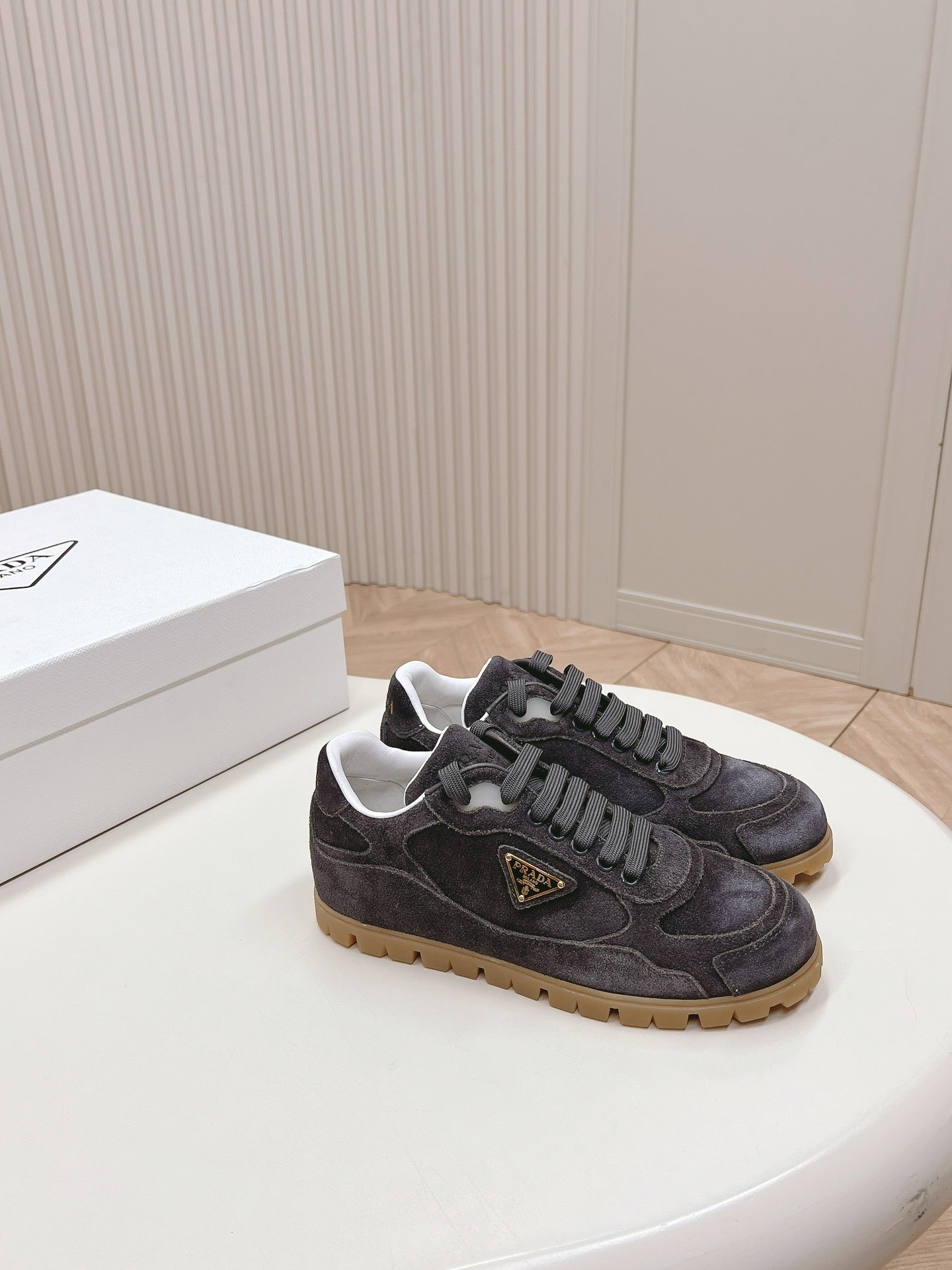 PRADA FADED SUEDE SNEAKERS CHARCOAL