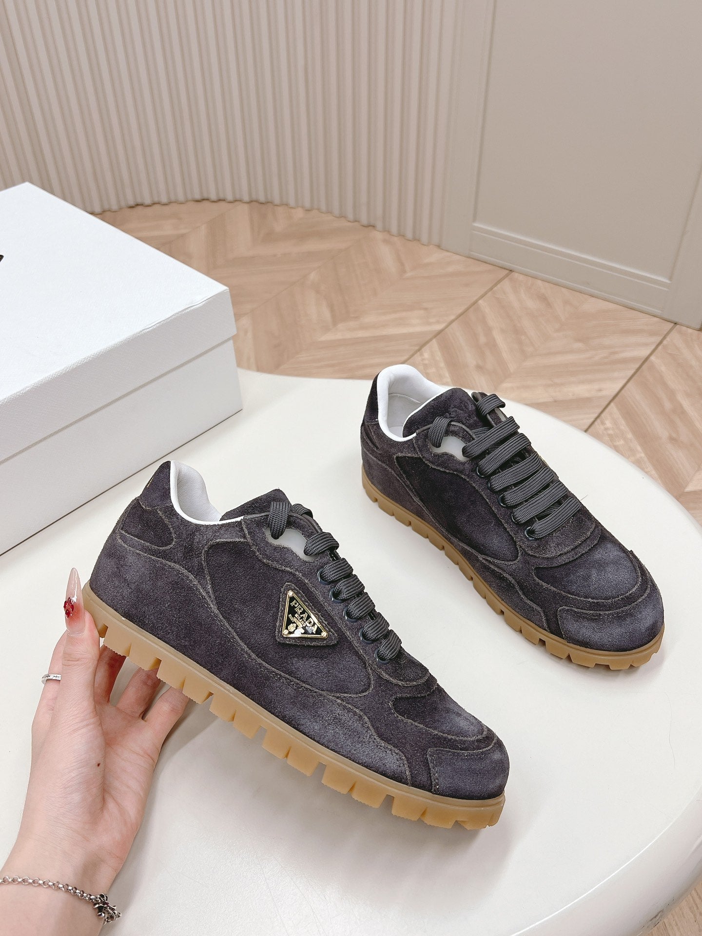 PRADA FADED SUEDE SNEAKERS CHARCOAL