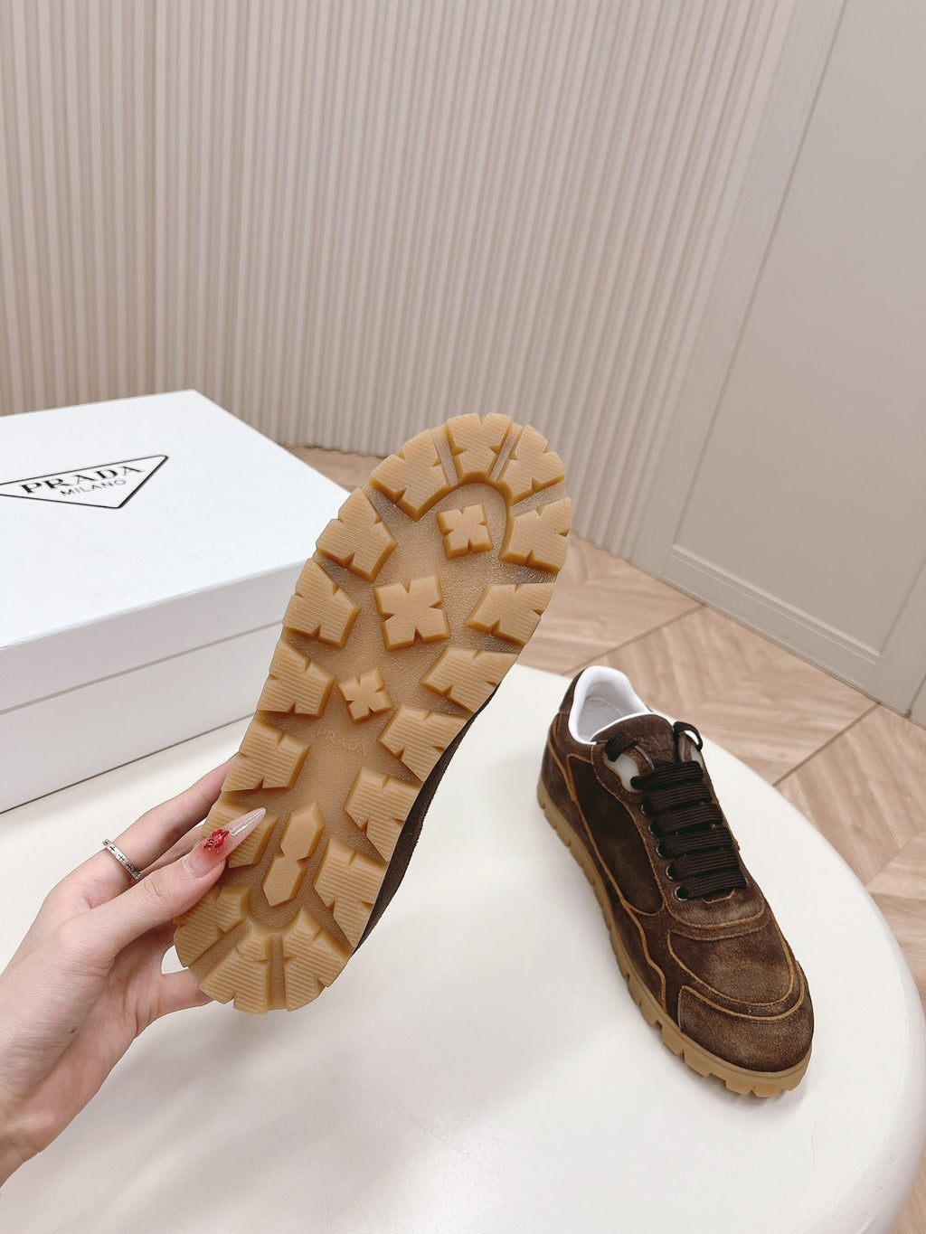 PRADA FADED SUEDE SNEAKERS CHOCOLATE