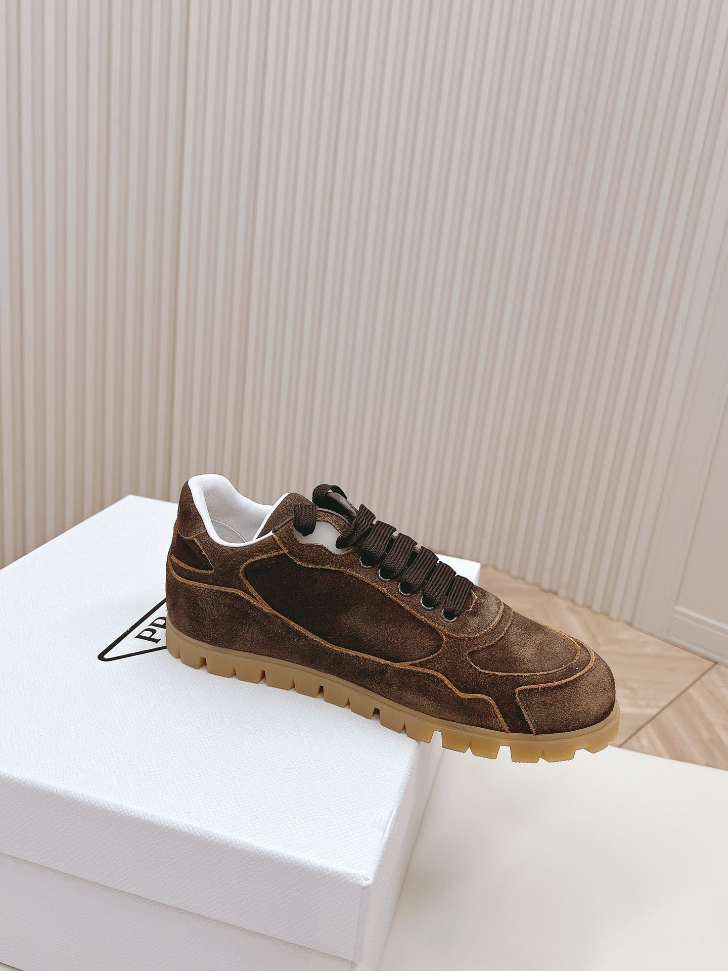 PRADA FADED SUEDE SNEAKERS CHOCOLATE