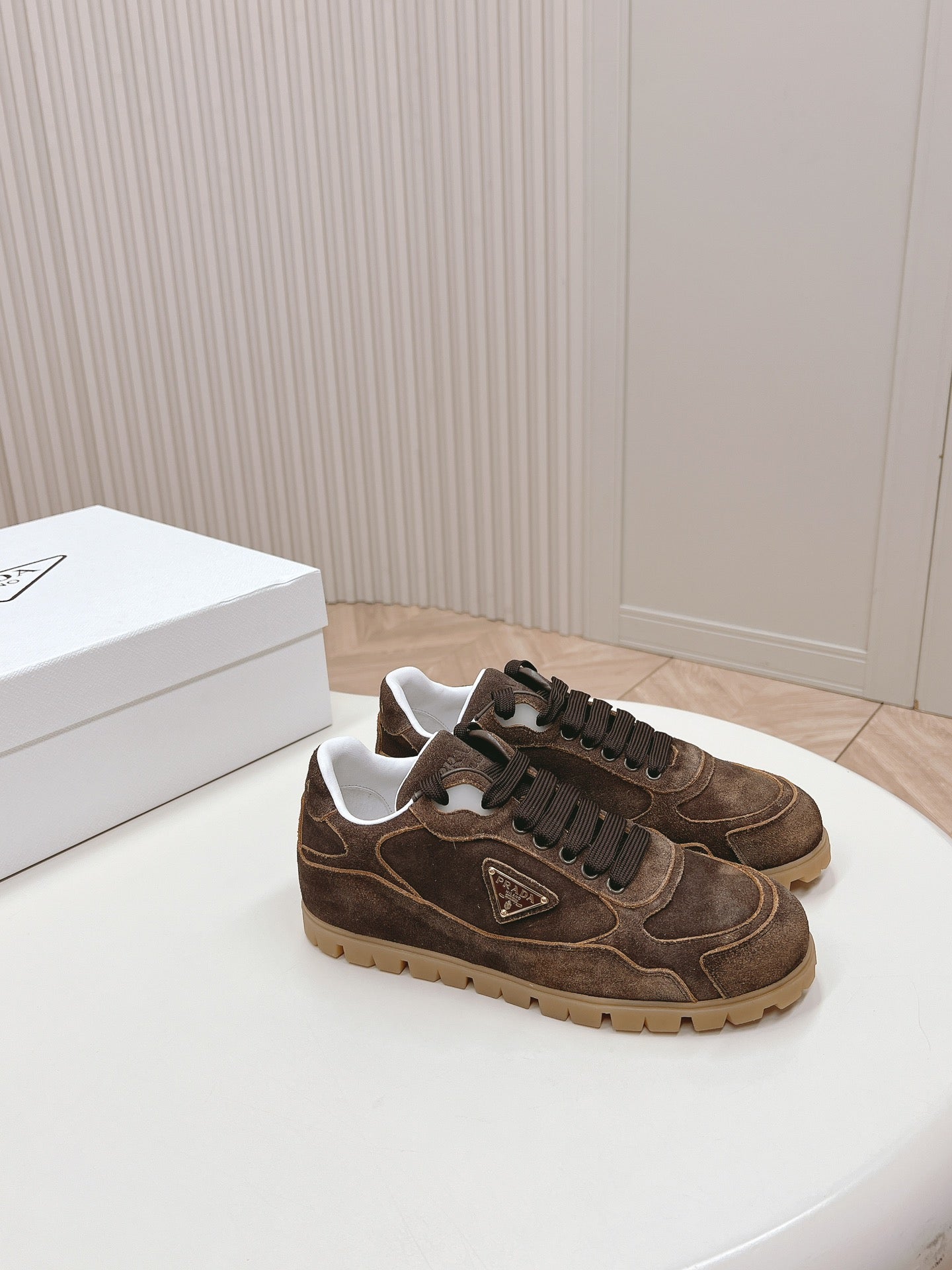 PRADA FADED SUEDE SNEAKERS CHOCOLATE