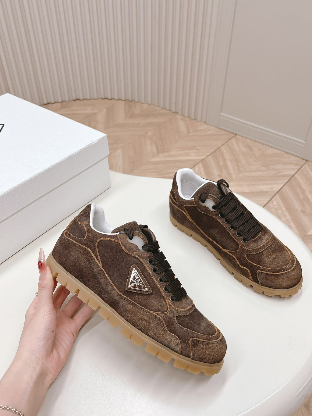 PRADA FADED SUEDE SNEAKERS CHOCOLATE