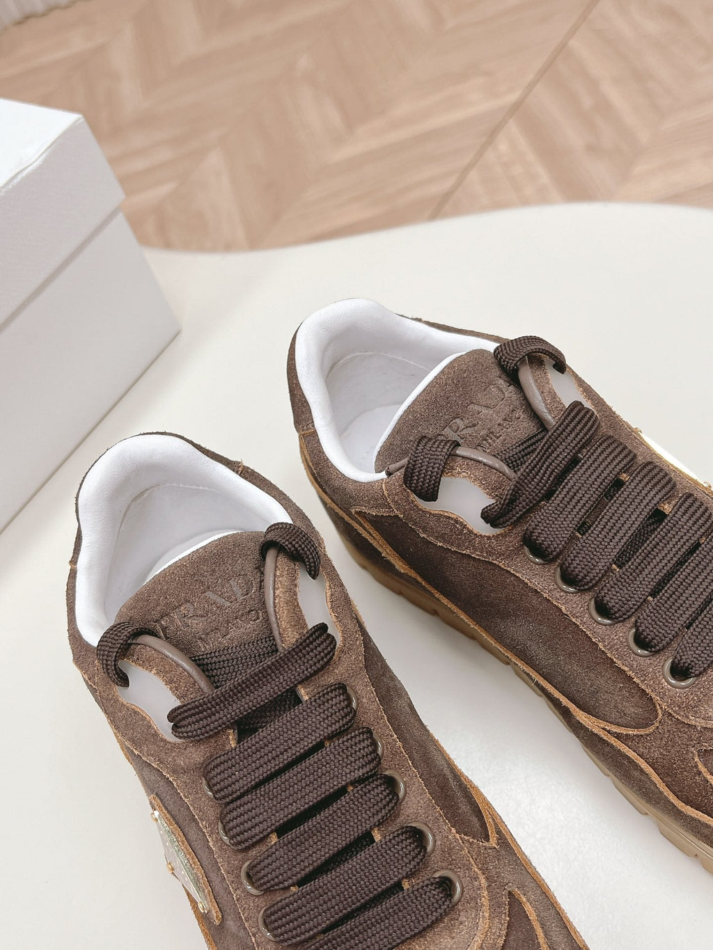 PRADA FADED SUEDE SNEAKERS CHOCOLATE