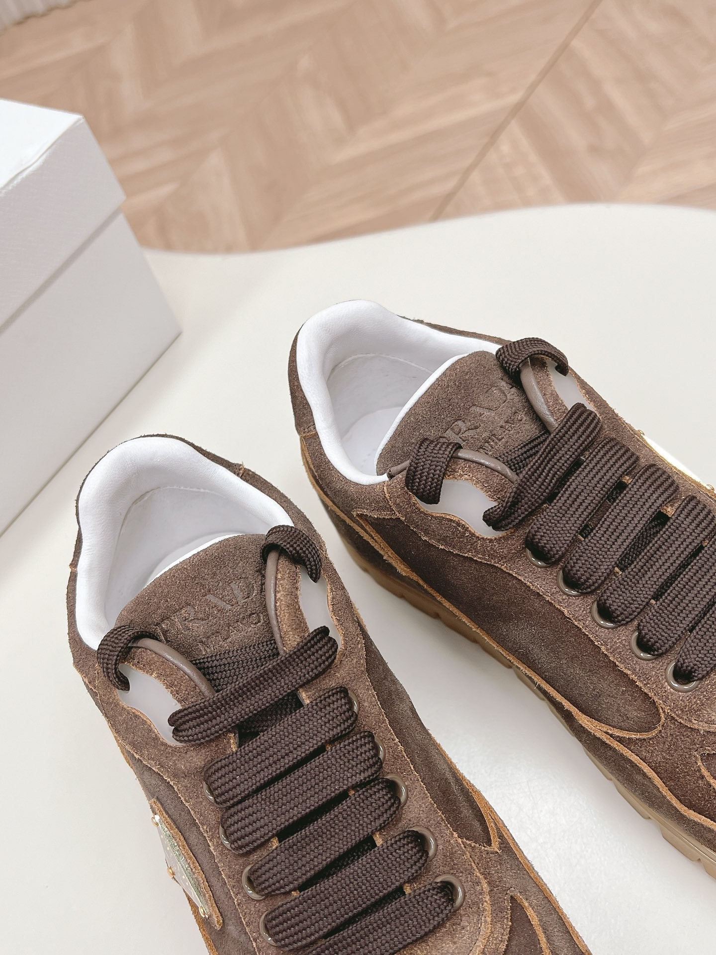 PRADA FADED SUEDE SNEAKERS CHOCOLATE