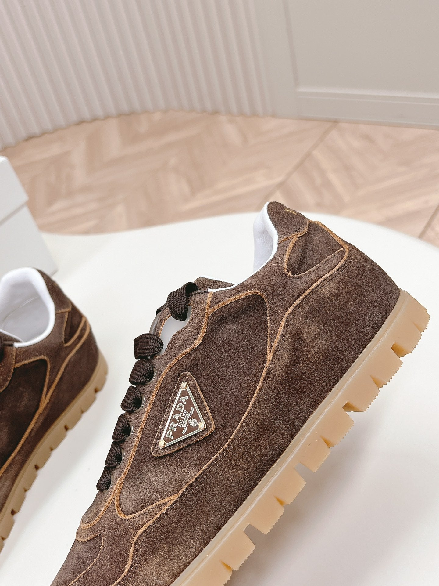 PRADA FADED SUEDE SNEAKERS CHOCOLATE
