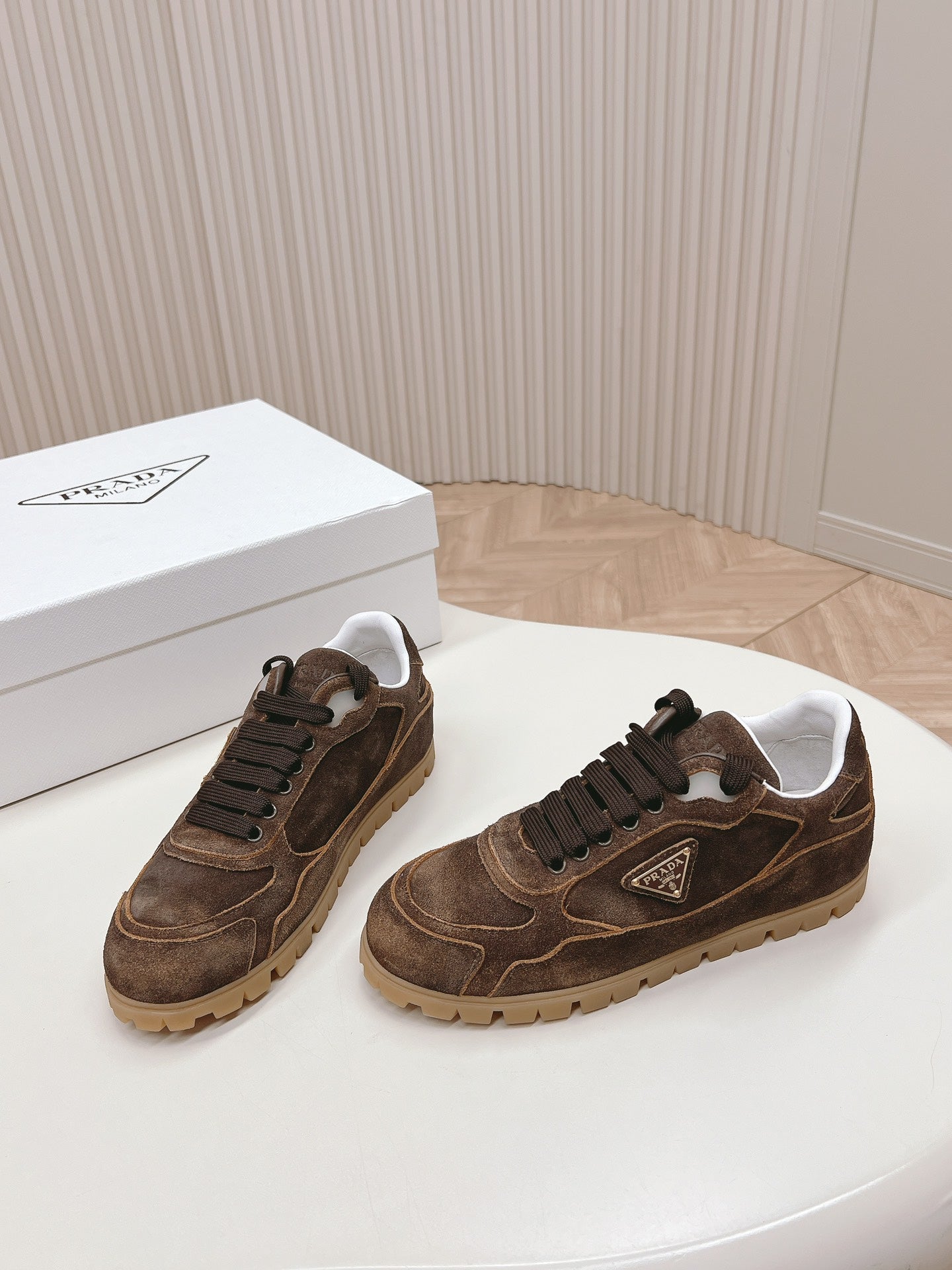 PRADA FADED SUEDE SNEAKERS CHOCOLATE