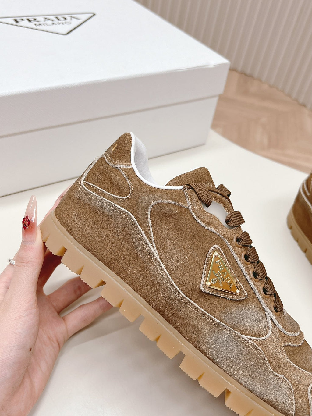 PRADA FADED SUEDE SNEAKERS SEPIA AND WHITE