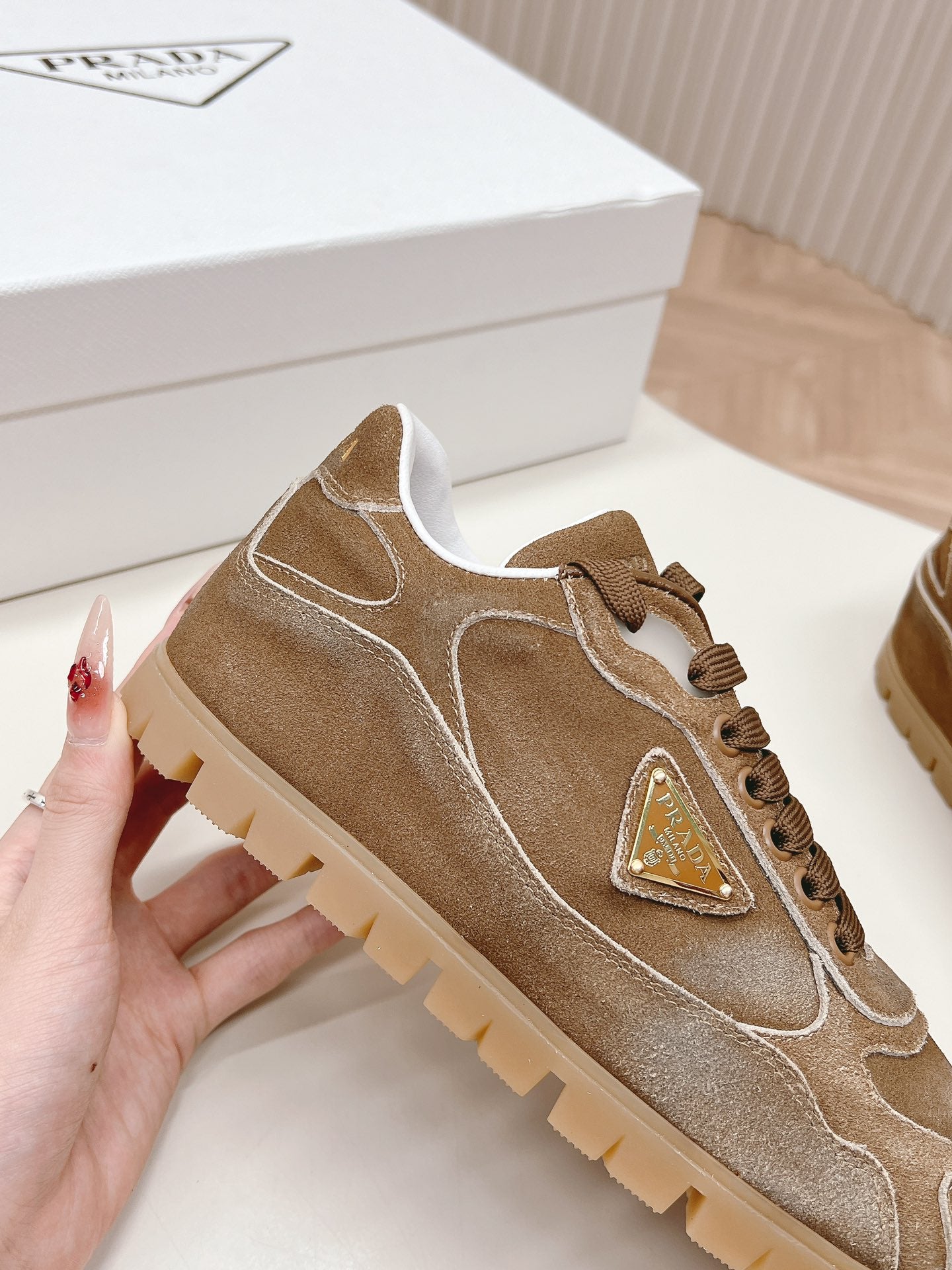 PRADA FADED SUEDE SNEAKERS SEPIA AND WHITE