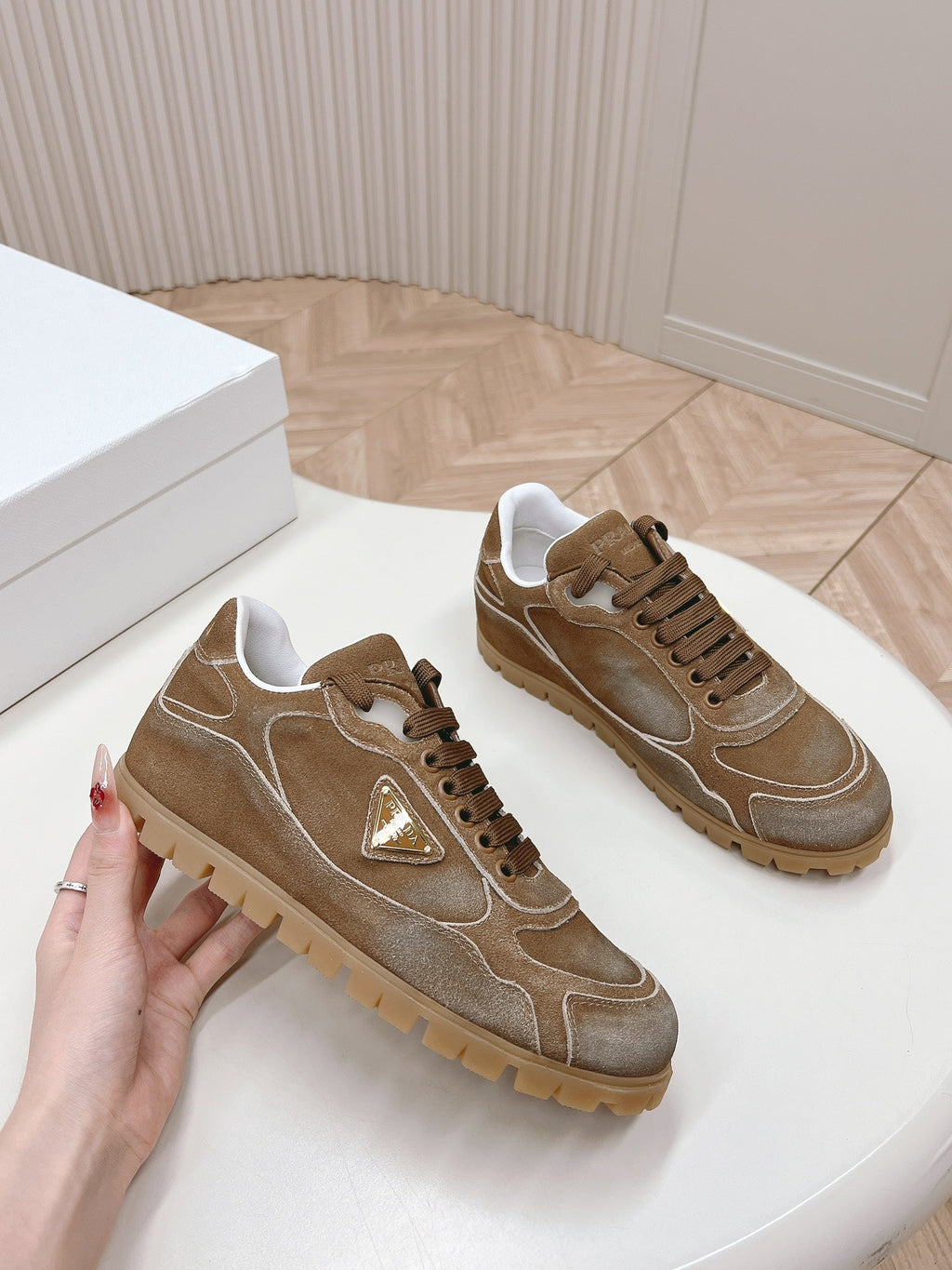PRADA FADED SUEDE SNEAKERS SEPIA AND WHITE