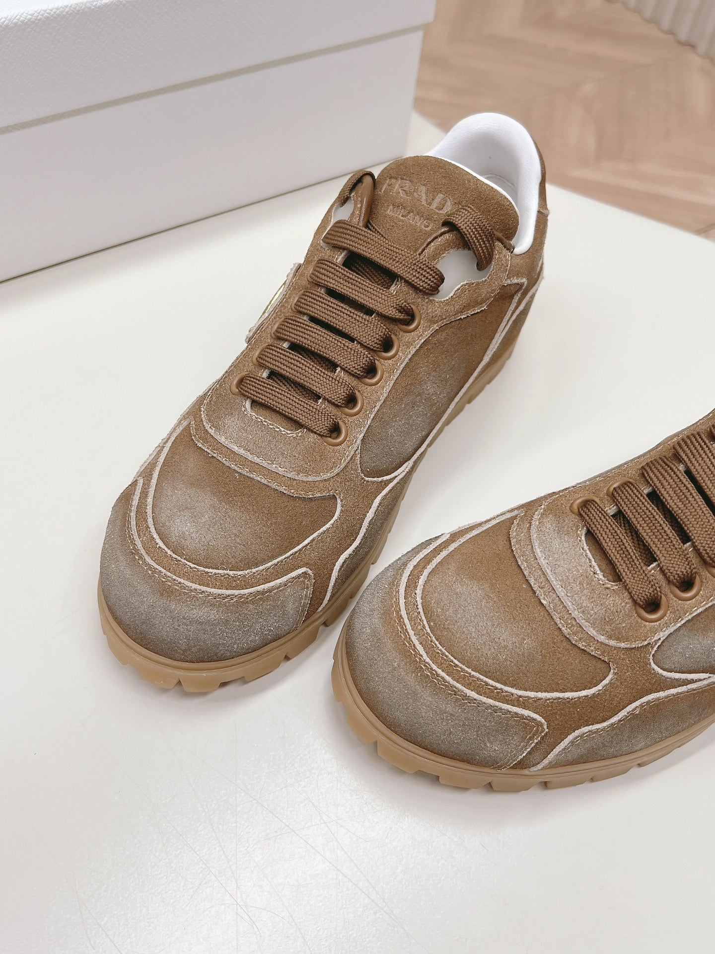 PRADA FADED SUEDE SNEAKERS SEPIA AND WHITE