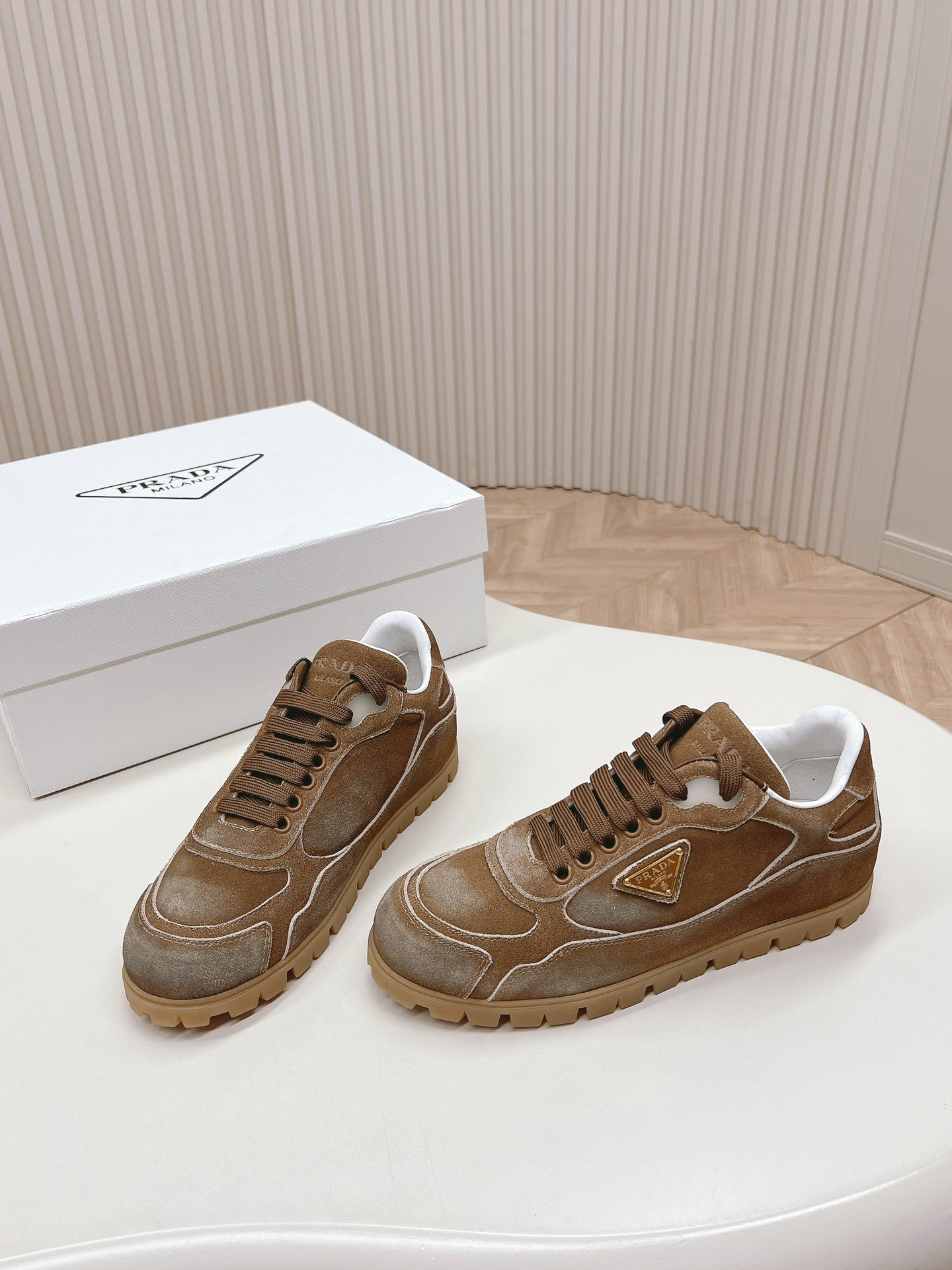 PRADA FADED SUEDE SNEAKERS SEPIA AND WHITE