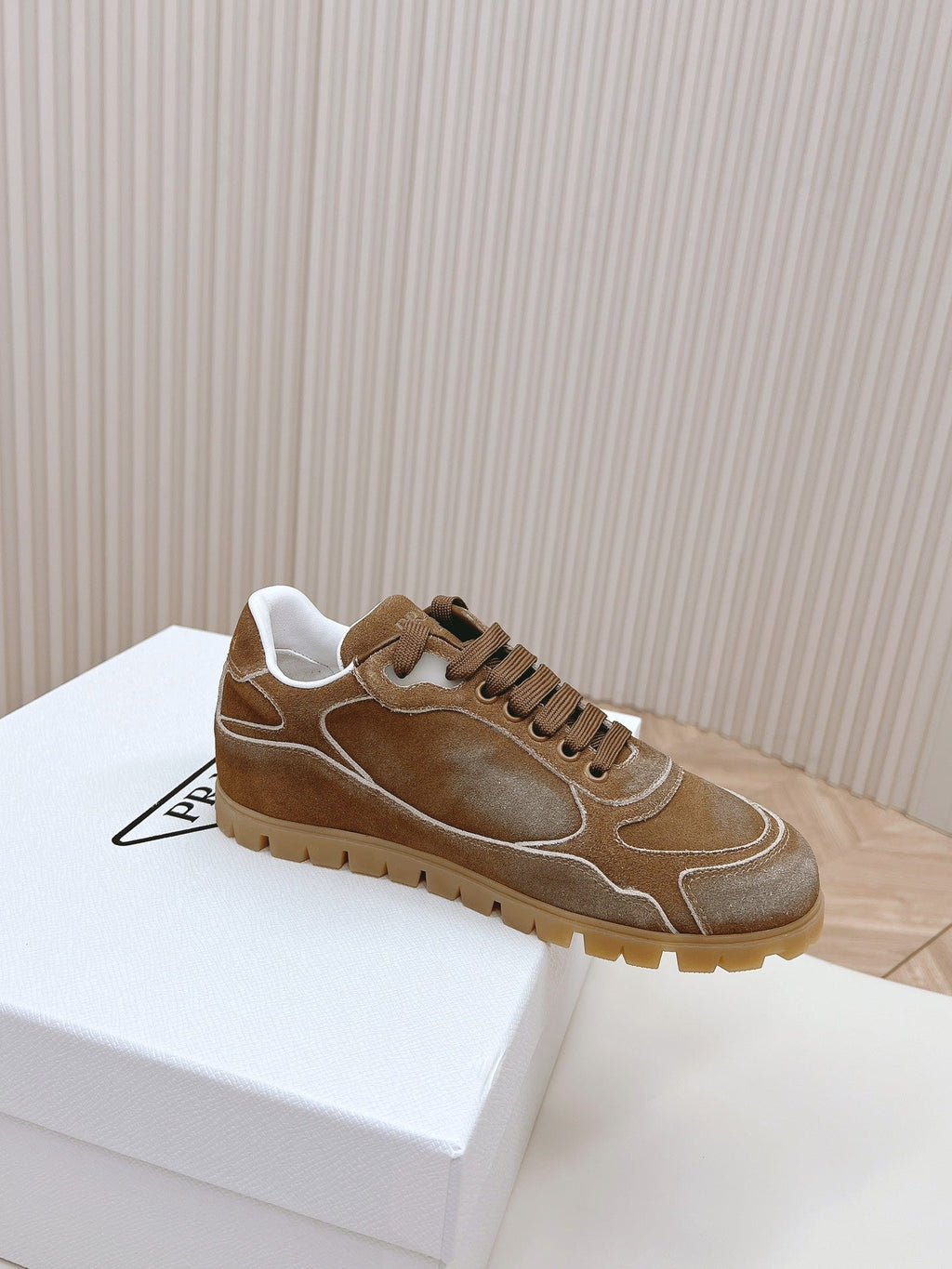 PRADA FADED SUEDE SNEAKERS SEPIA AND WHITE
