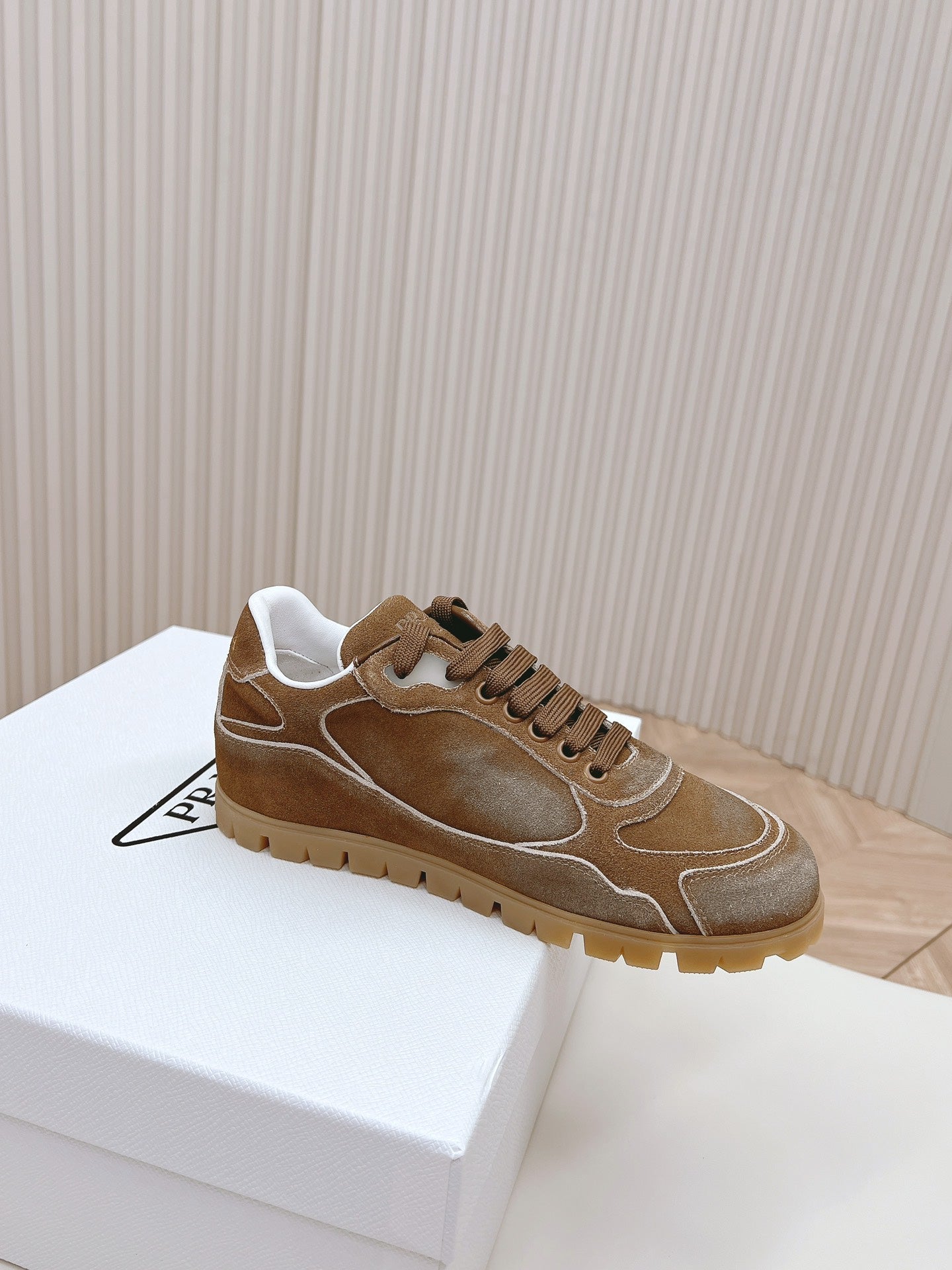PRADA FADED SUEDE SNEAKERS SEPIA AND WHITE