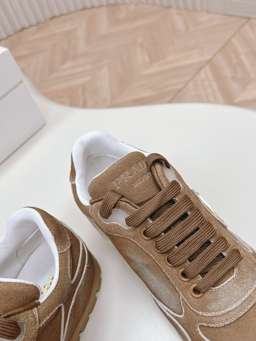 PRADA FADED SUEDE SNEAKERS SEPIA AND WHITE