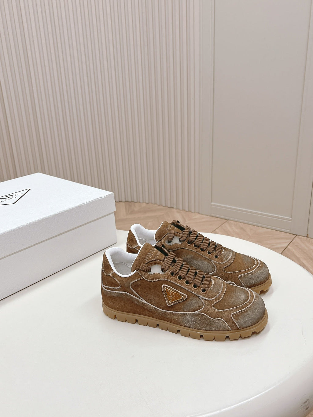 PRADA FADED SUEDE SNEAKERS SEPIA AND WHITE