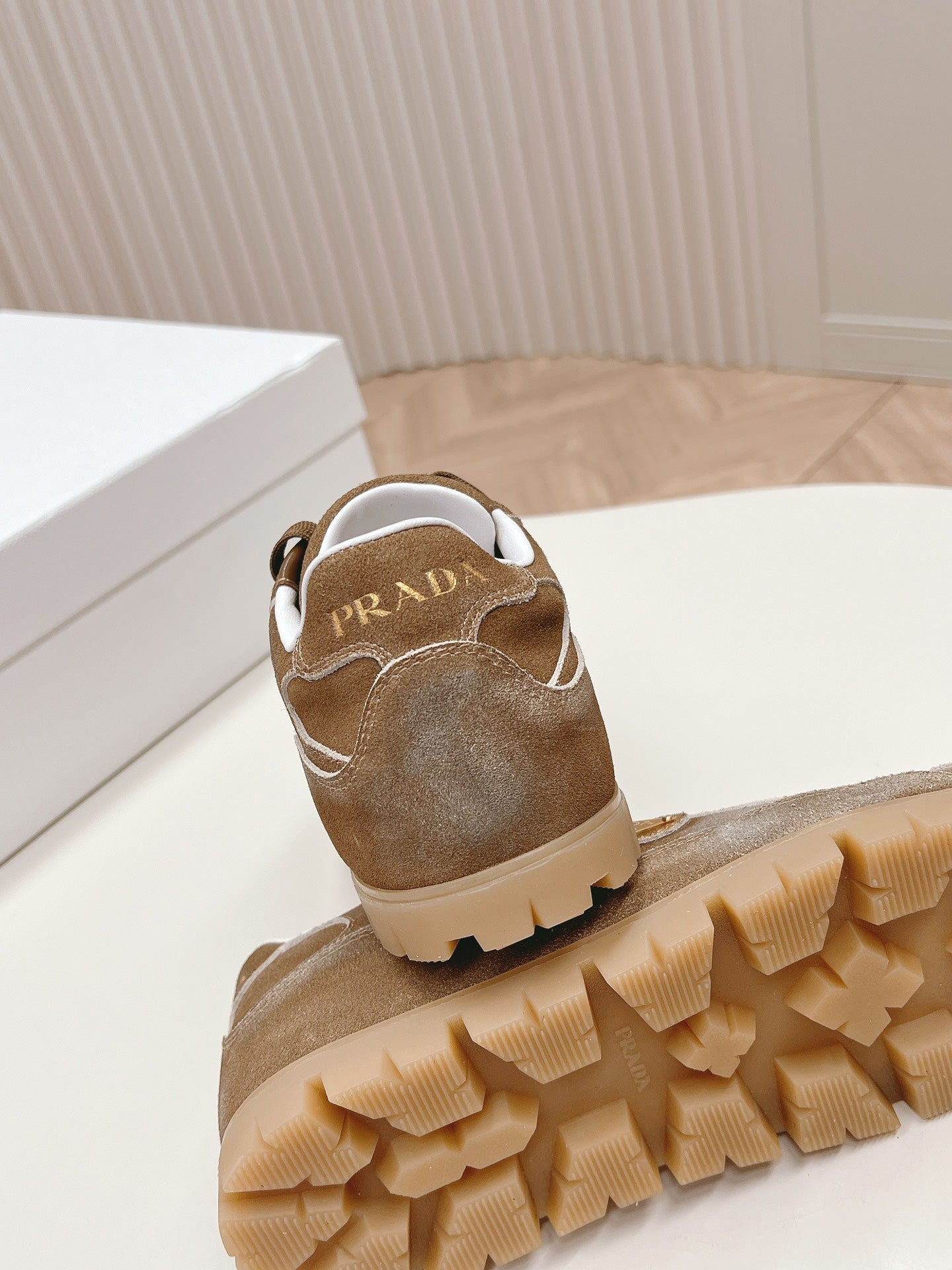 PRADA FADED SUEDE SNEAKERS SEPIA AND WHITE