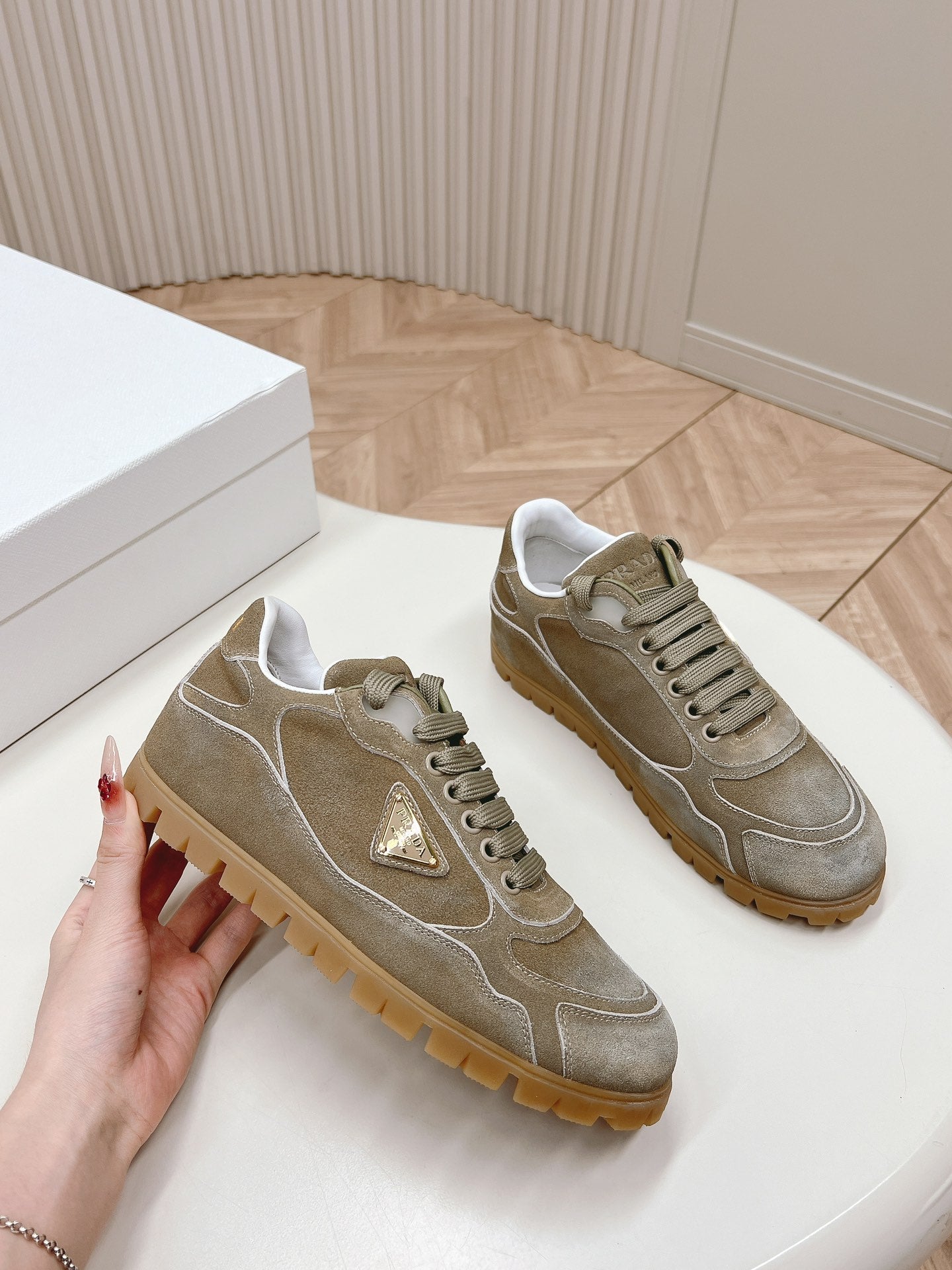 PRADA FADED SUEDE SNEAKERS CARAMEL AND WHITE