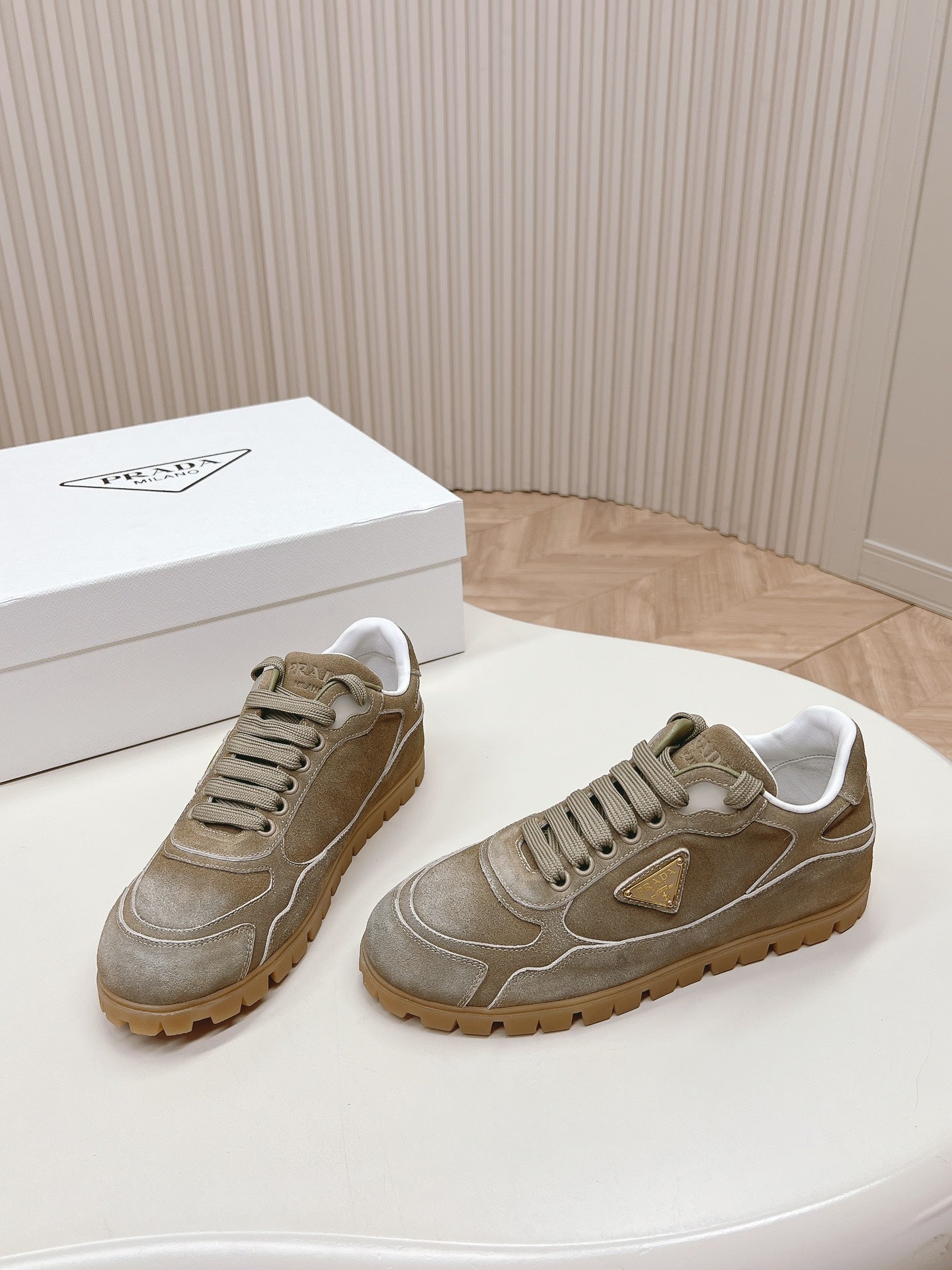 PRADA FADED SUEDE SNEAKERS CARAMEL AND WHITE