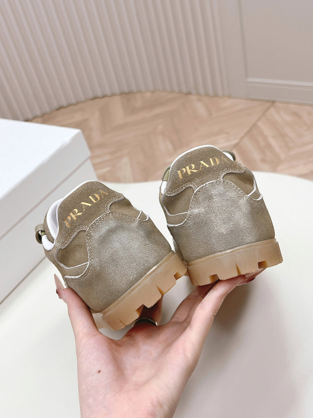 PRADA FADED SUEDE SNEAKERS CARAMEL AND WHITE