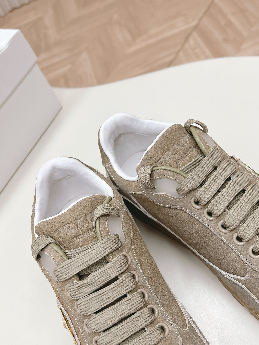 PRADA FADED SUEDE SNEAKERS CARAMEL AND WHITE