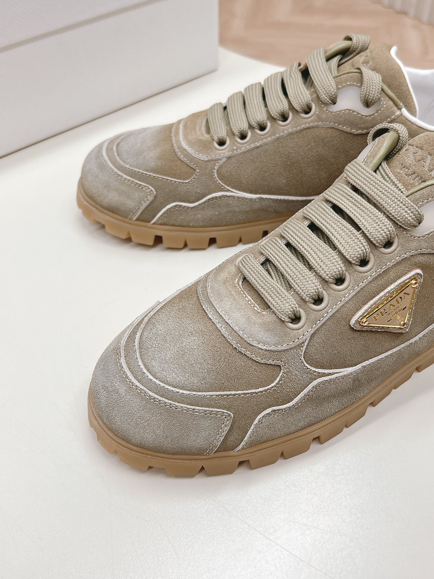 PRADA FADED SUEDE SNEAKERS CARAMEL AND WHITE
