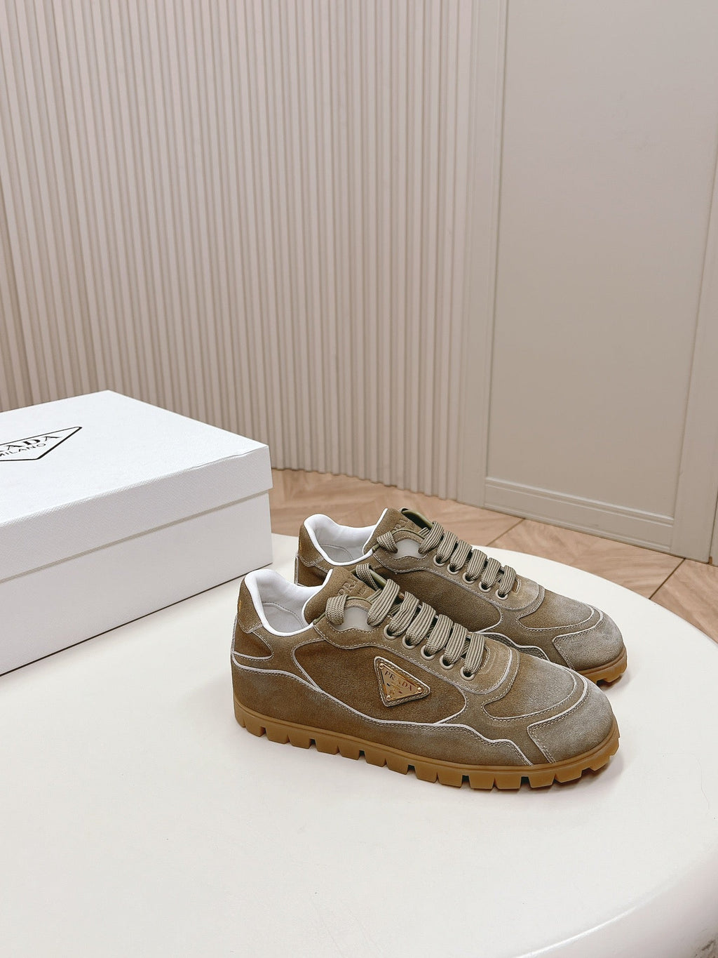 PRADA FADED SUEDE SNEAKERS CARAMEL AND WHITE