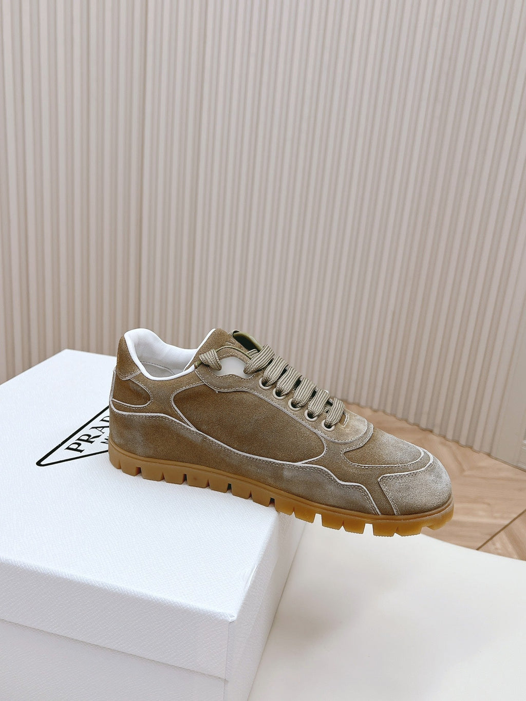 PRADA FADED SUEDE SNEAKERS CARAMEL AND WHITE